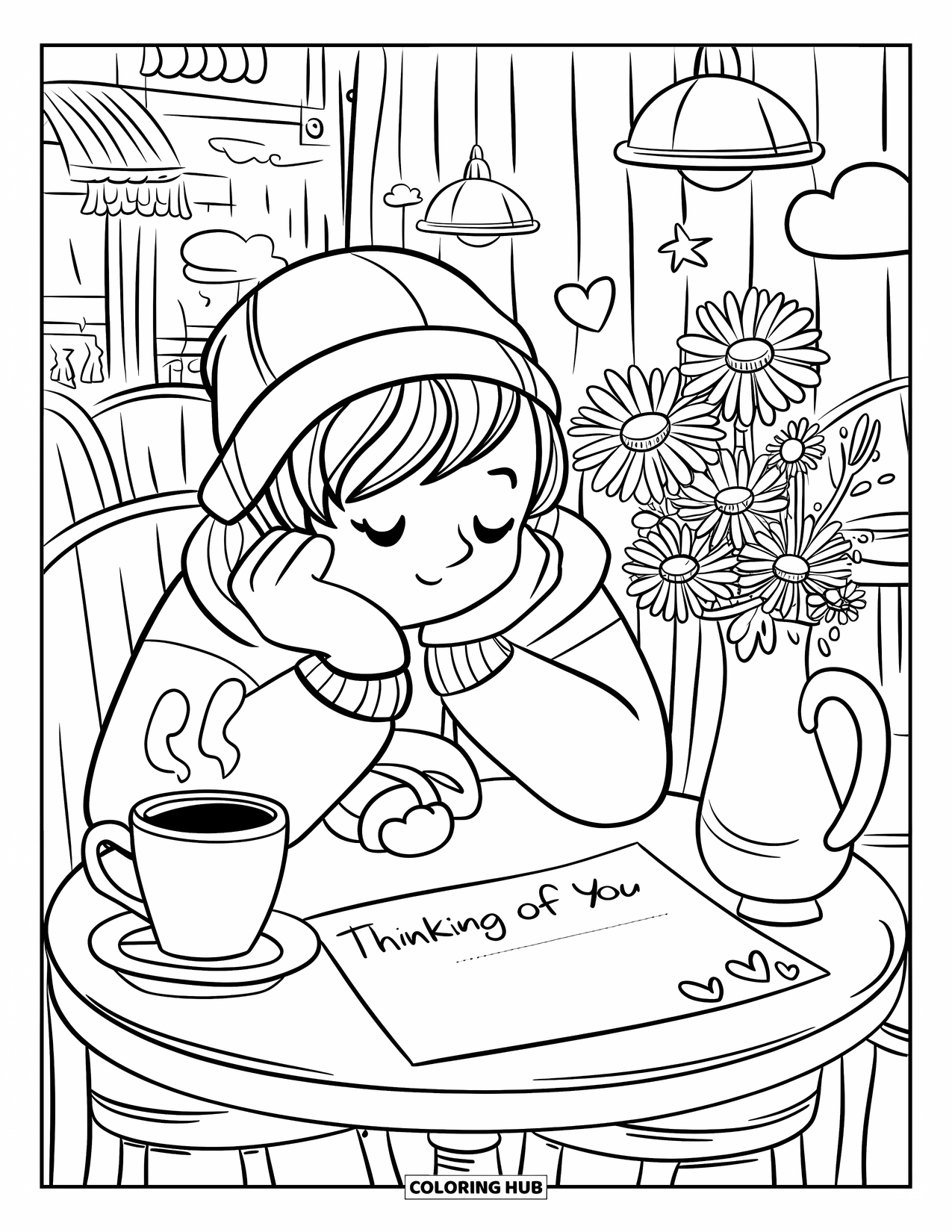 Thinking Of You Coloring Page for Adults: A cozy café scene with a postcard and cup