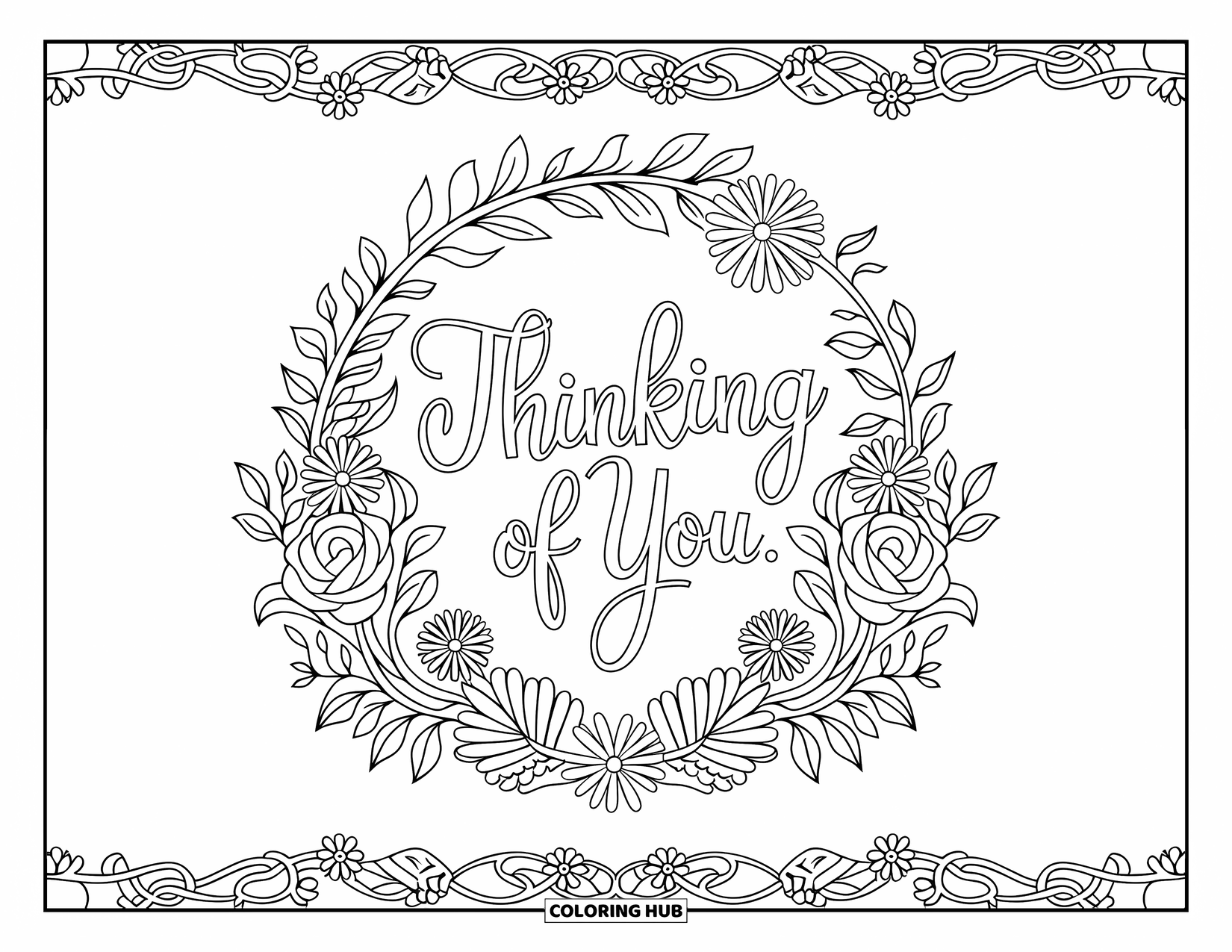 Thinking Of You Coloring Page for Adults: A decorative floral wreath frames the elegant words "Thinking of You"