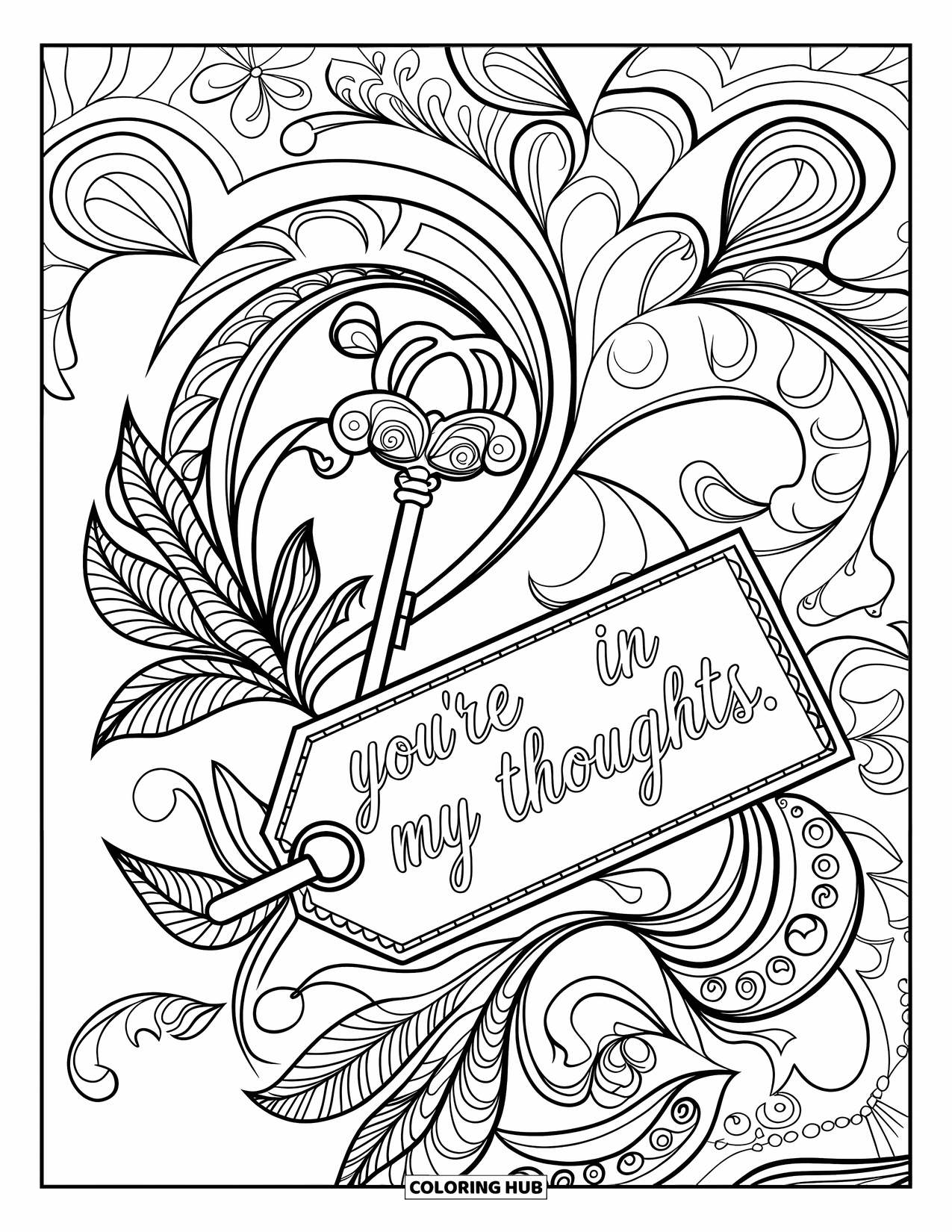 Thinking Of You Coloring Page for Adults: A floral key design features a tag reading "You're in My Thoughts"