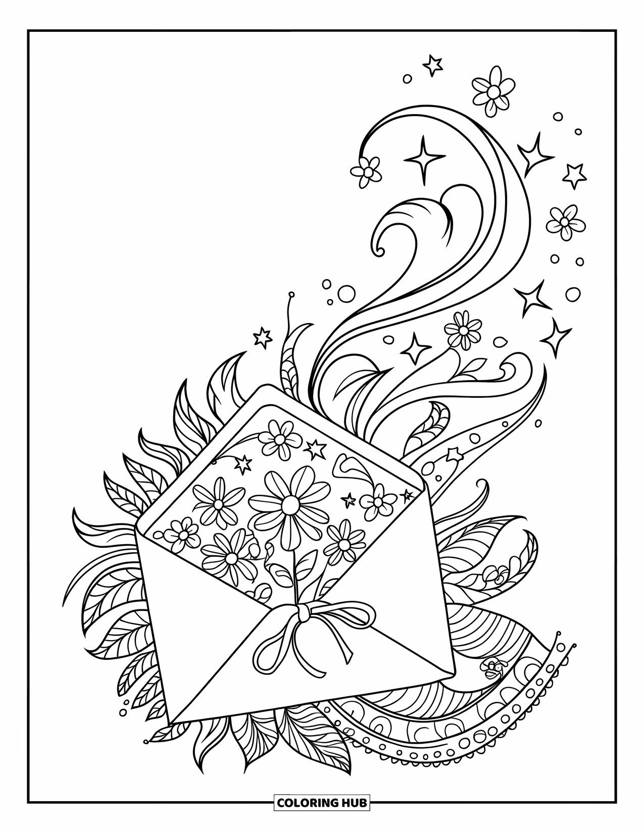 Thinking Of You Coloring Page for Adults: An envelope releases flowers and vines tied with a ribbon