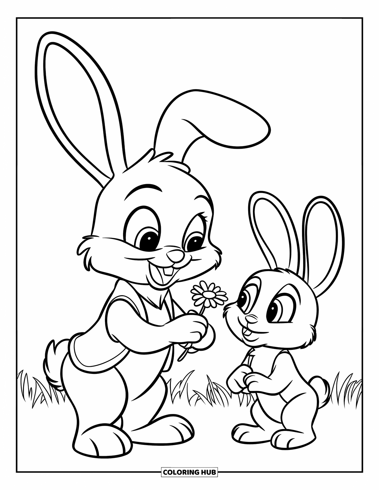 Thinking Of You Coloring Page for Kids: A bunny offers a flower to a friend in a sunny field