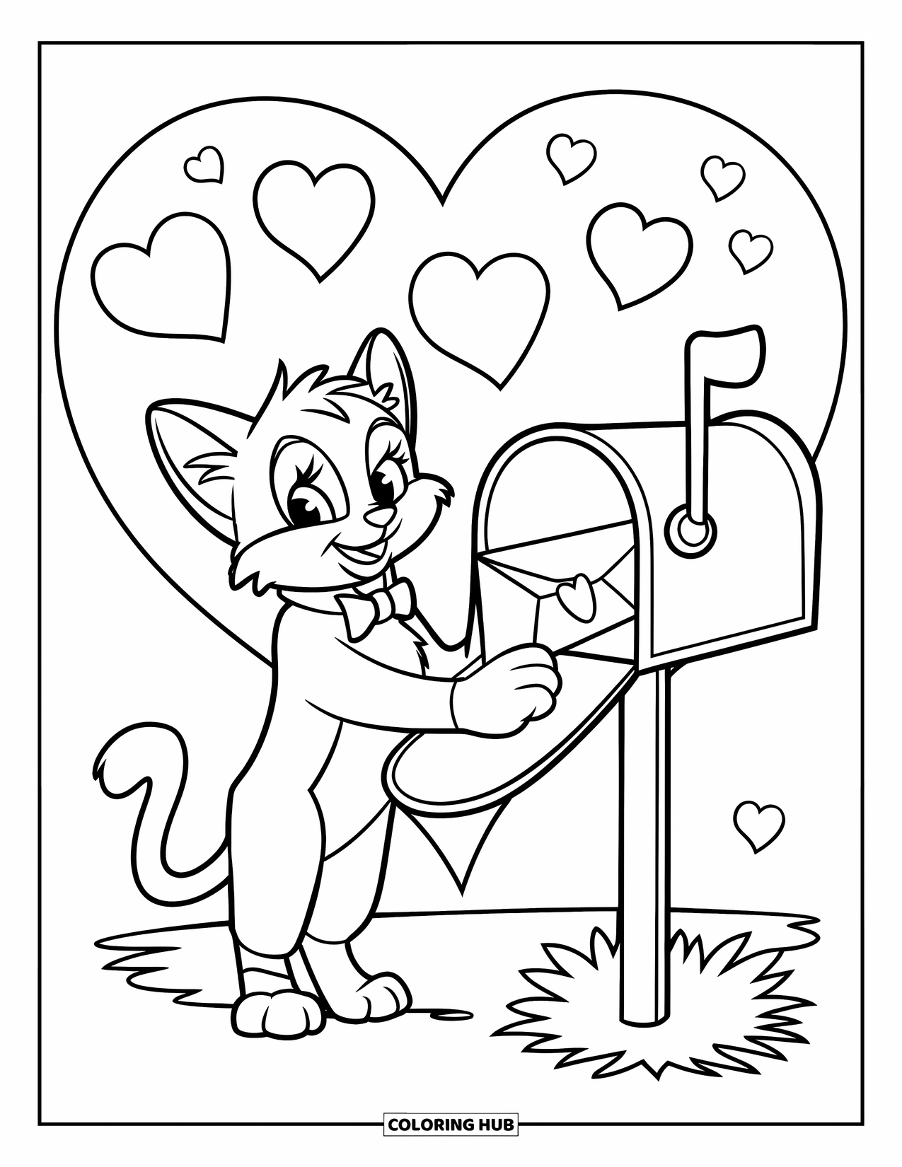 Thinking Of You Coloring Page for Kids: A cat with a bow tie sends a letter in a heart-filled garden