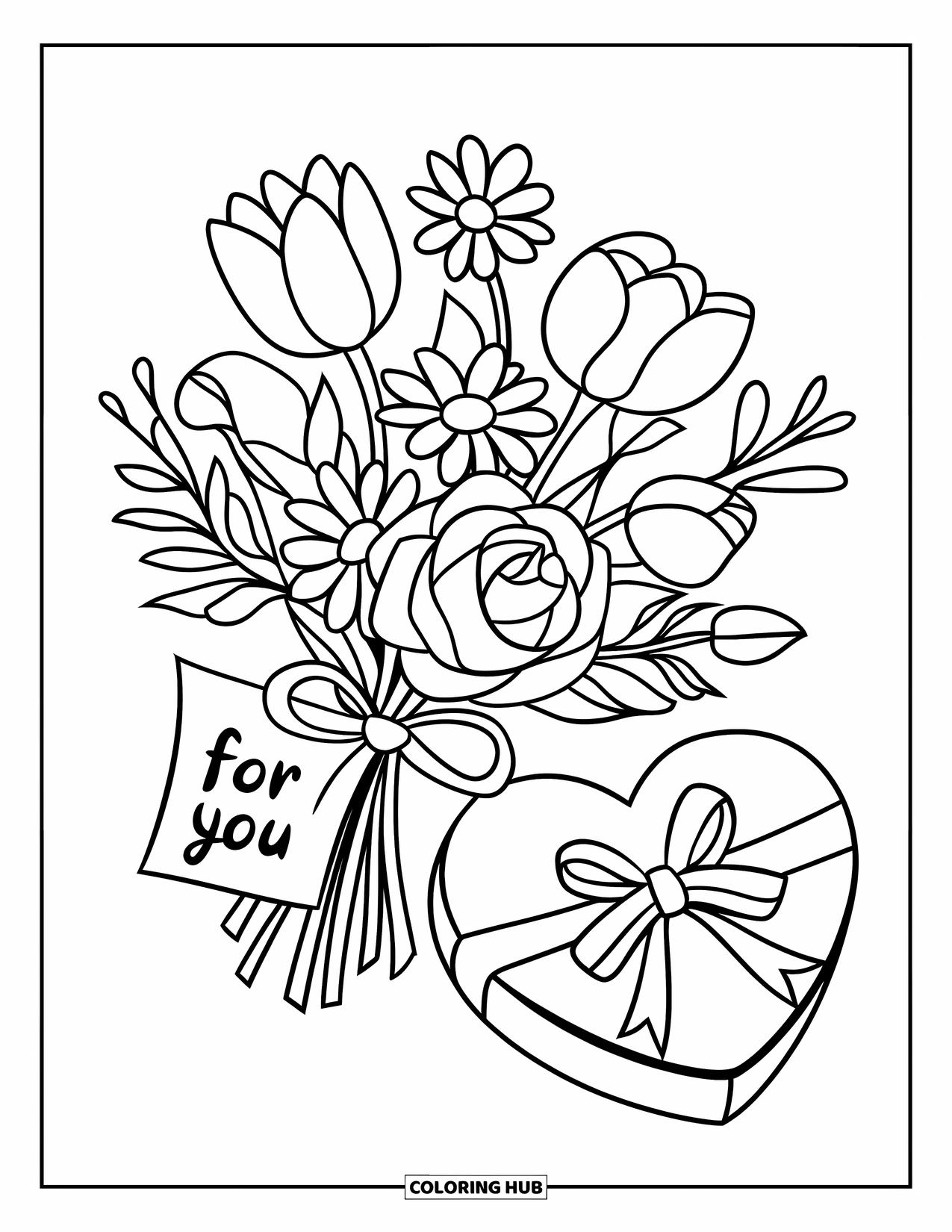 Thinking Of You Coloring Page for Kids: A cheerful bouquet with flowers and a heart box includes a note "For You"