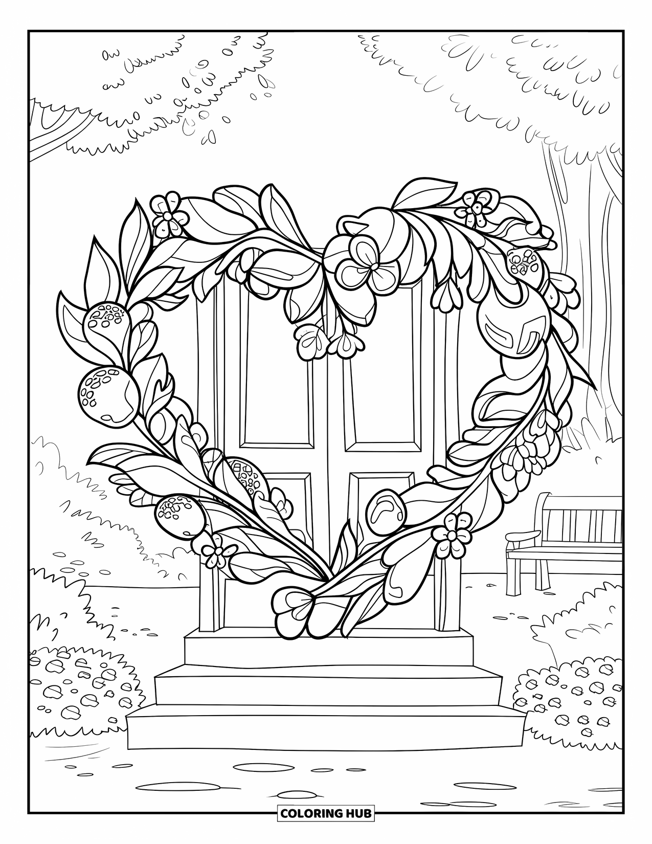Thinking Of You Coloring Page for Kids: A floral heart wreath hangs on a door with trees and a path nearby