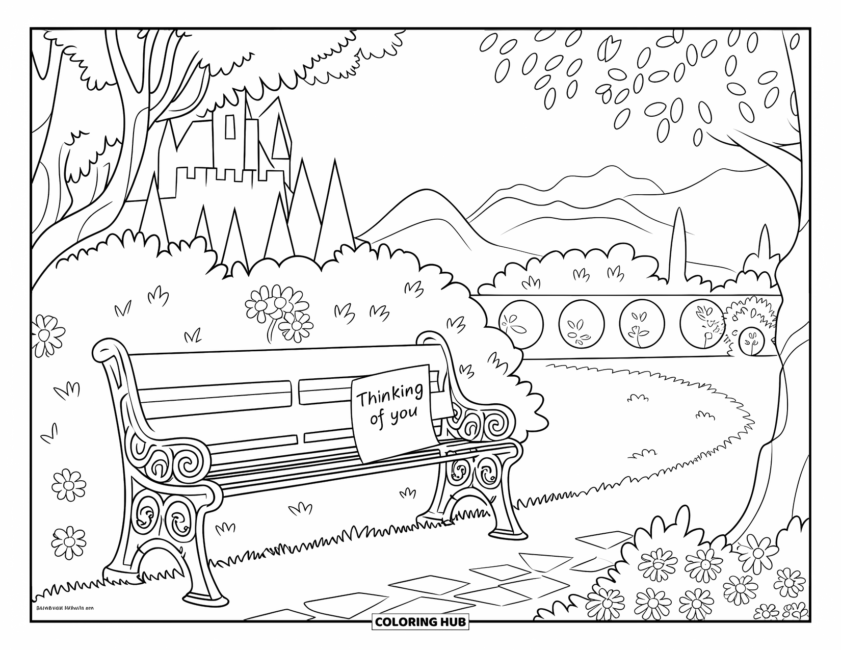 Thinking Of You Coloring Page for Kids: A garden bench with a "Thinking of You" note near a castle and mountains