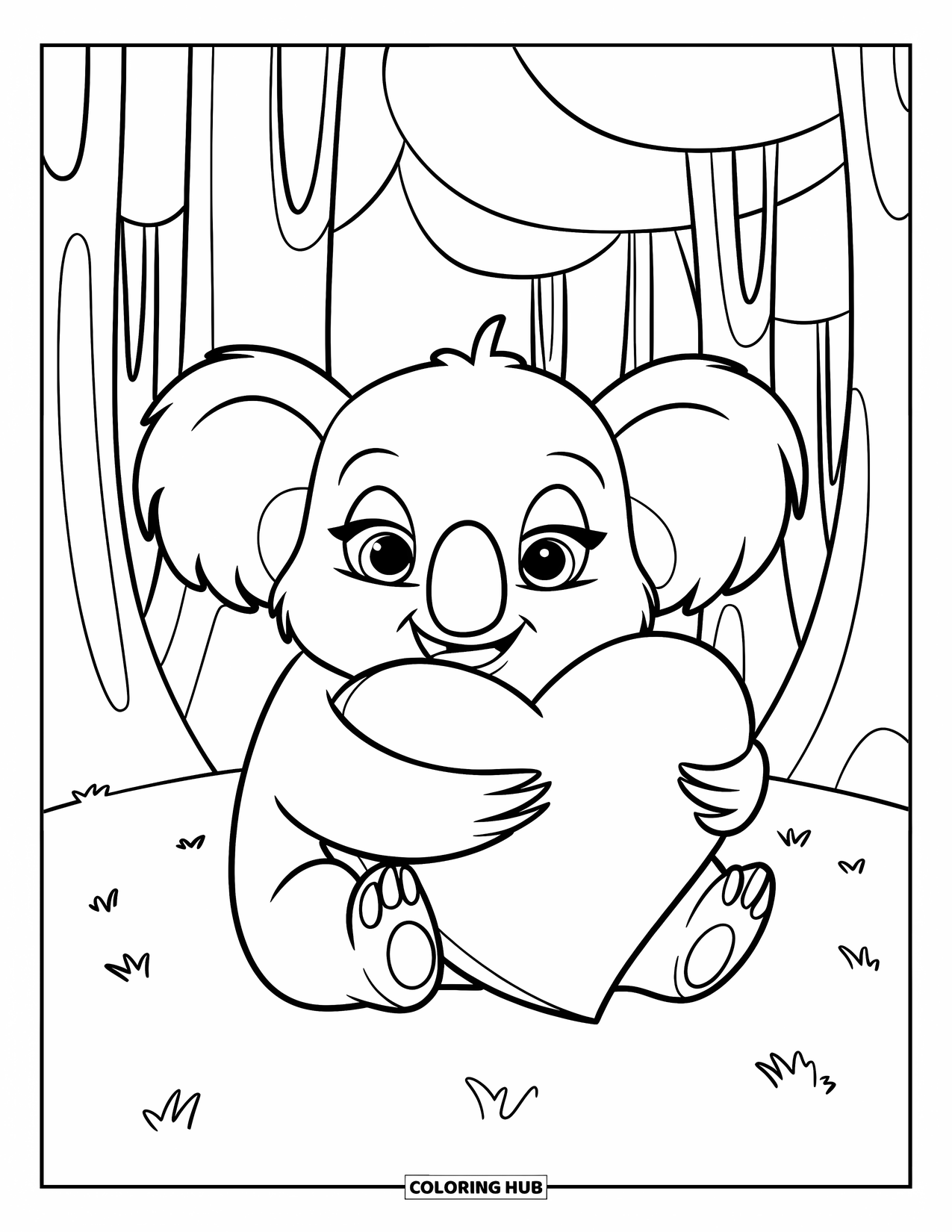 Thinking Of You Coloring Page for Kids: A happy koala hugs a big heart pillow beneath tall trees