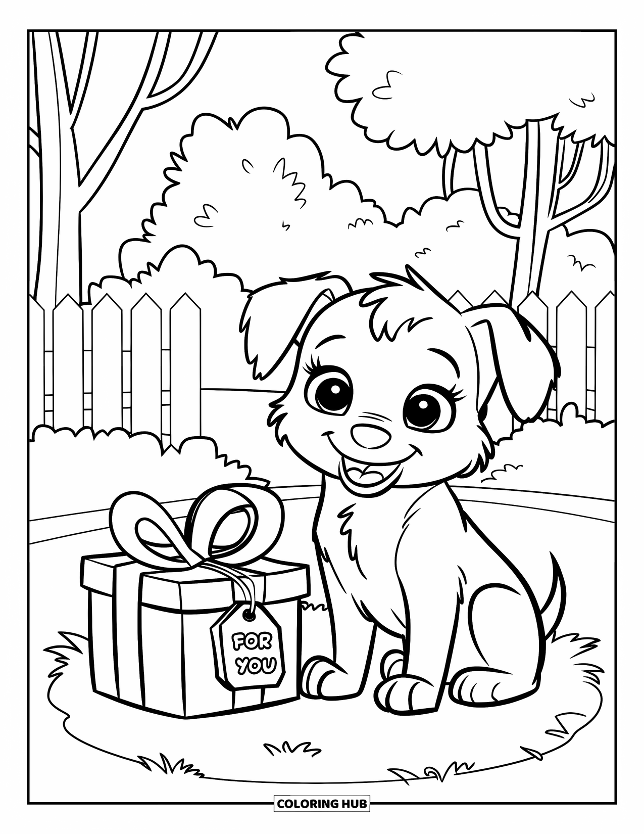 Thinking Of You Coloring Page for Kids: A happy puppy with a gift box labeled "For You" sits by trees