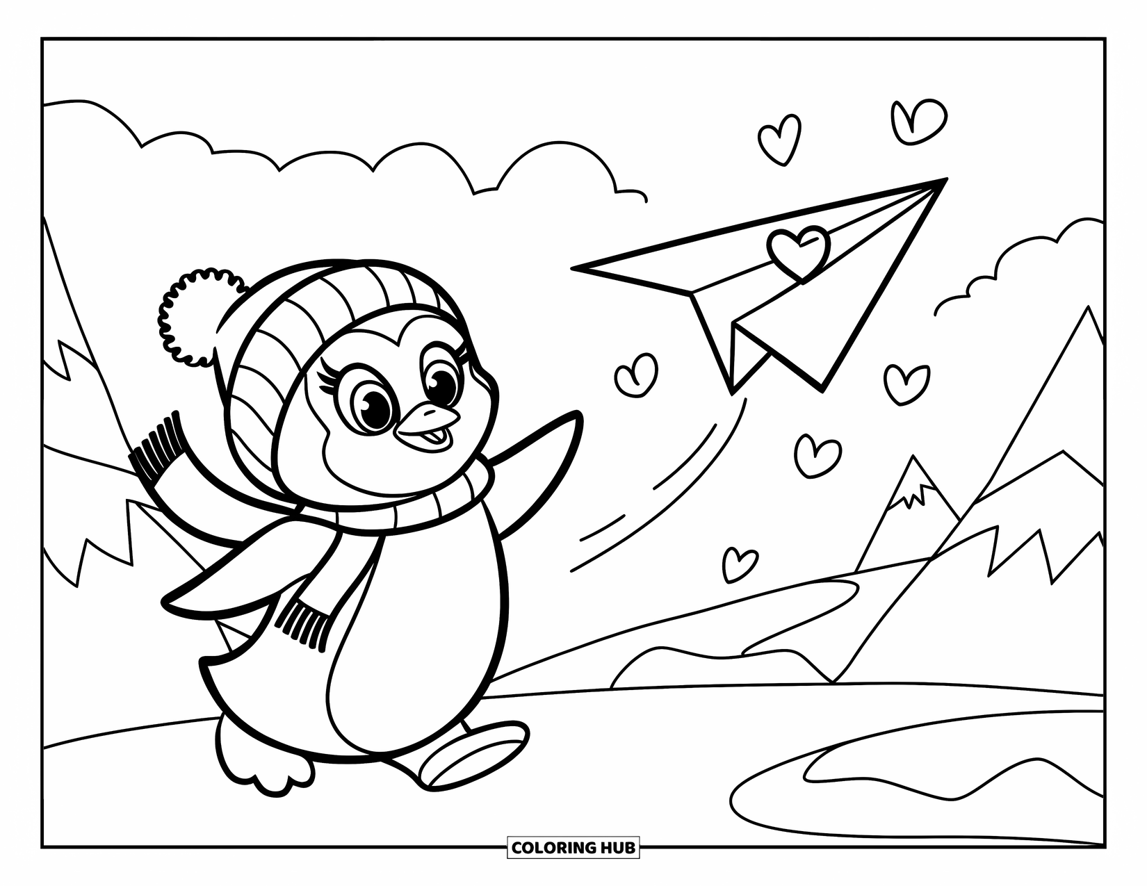 Thinking Of You Coloring Page for Kids: A penguin wearing a scarf sends a heart-decorated paper plane through snow