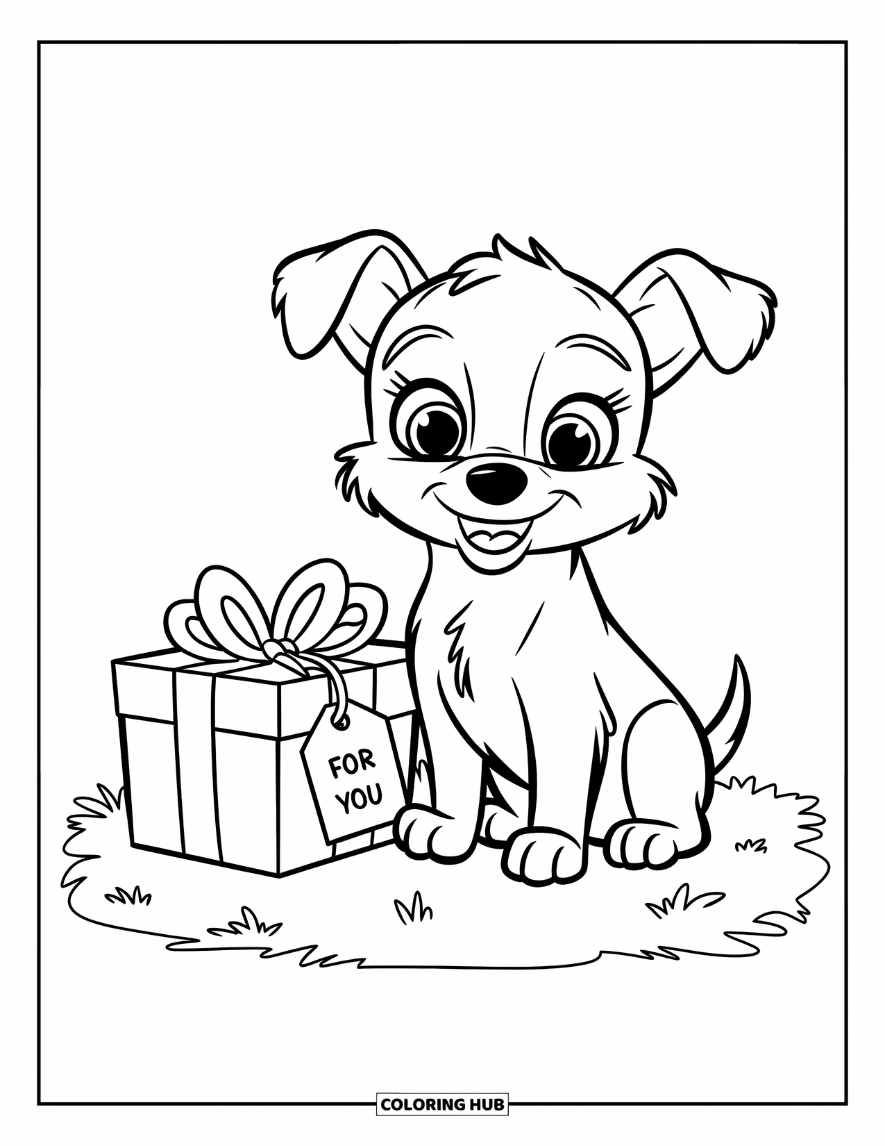 Thinking Of You Coloring Page for Kids: A puppy sits beside a gift box tagged "For You"
