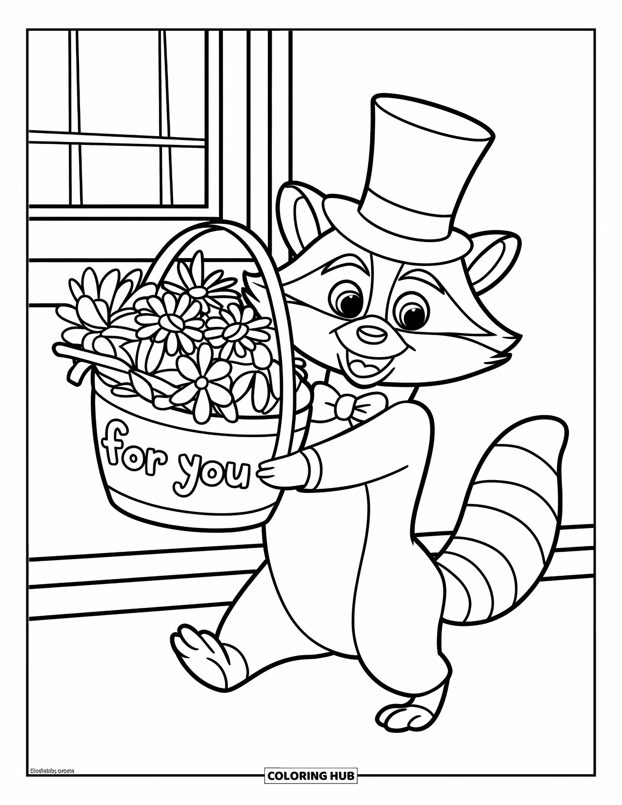 Thinking Of You Coloring Page for Kids: A raccoon in a top hat carries a flower basket that says "For You"