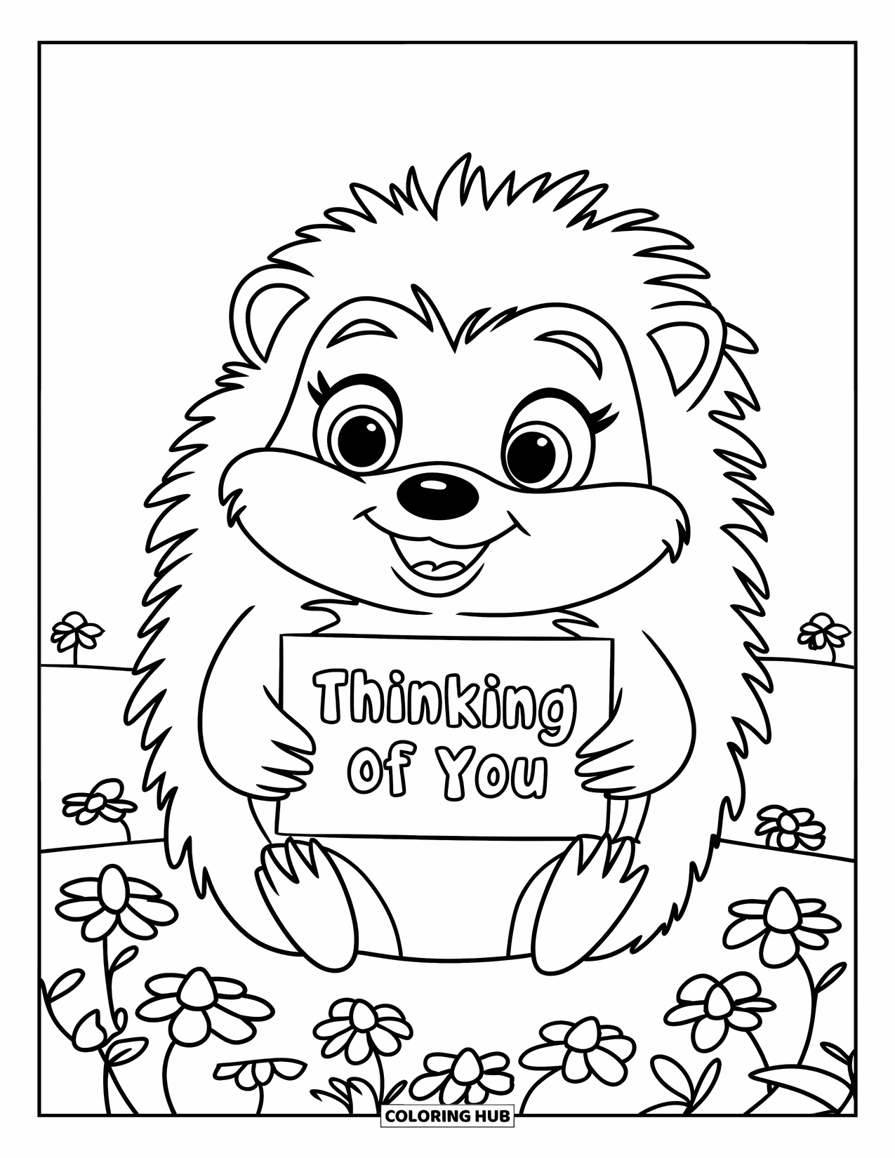 Thinking Of You Coloring Page for Kids: A smiling hedgehog holds a "Thinking of You" card in a flower field