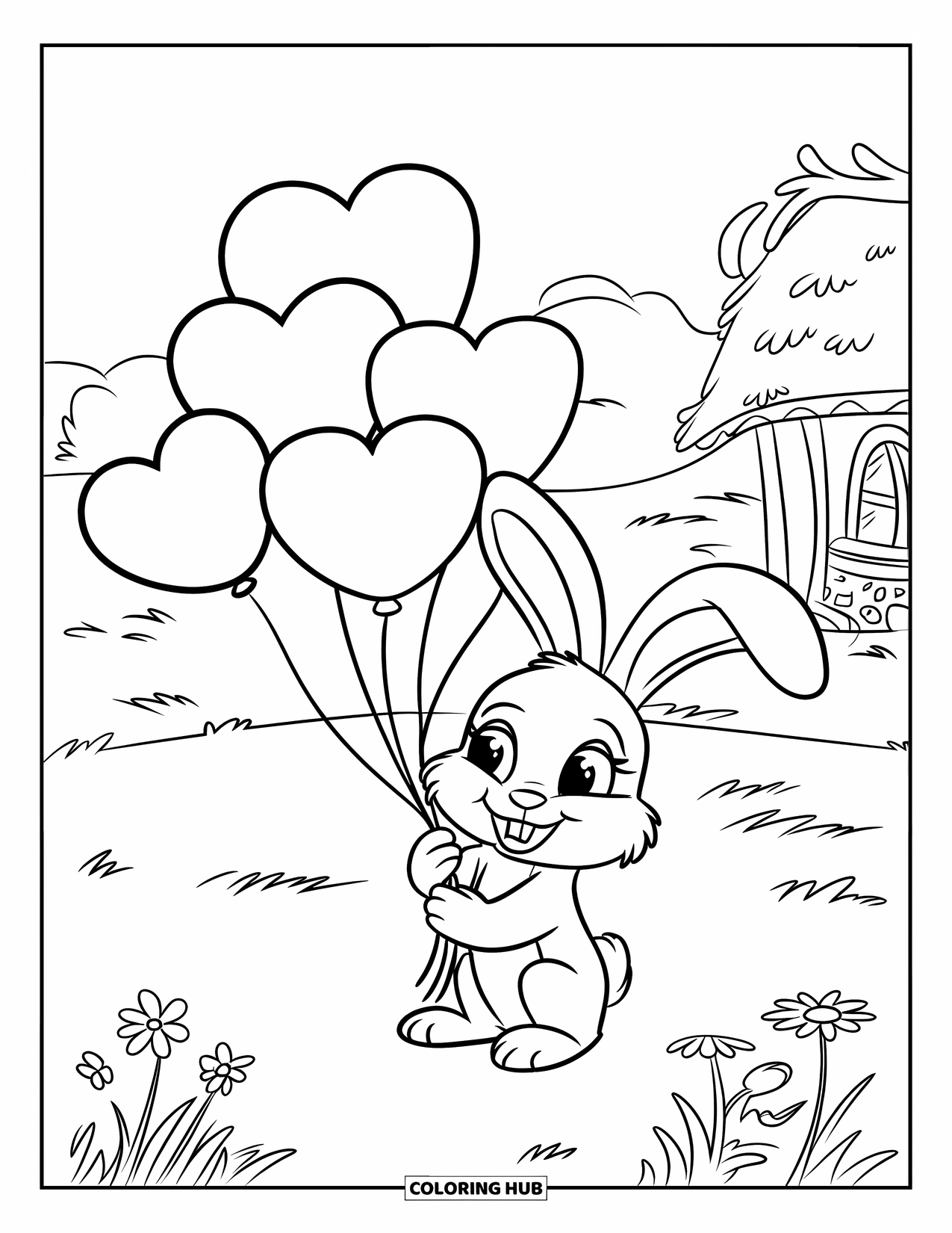 Thinking Of You Coloring Page for Kids: A smiling rabbit holds heart balloons near a cottage and flowers