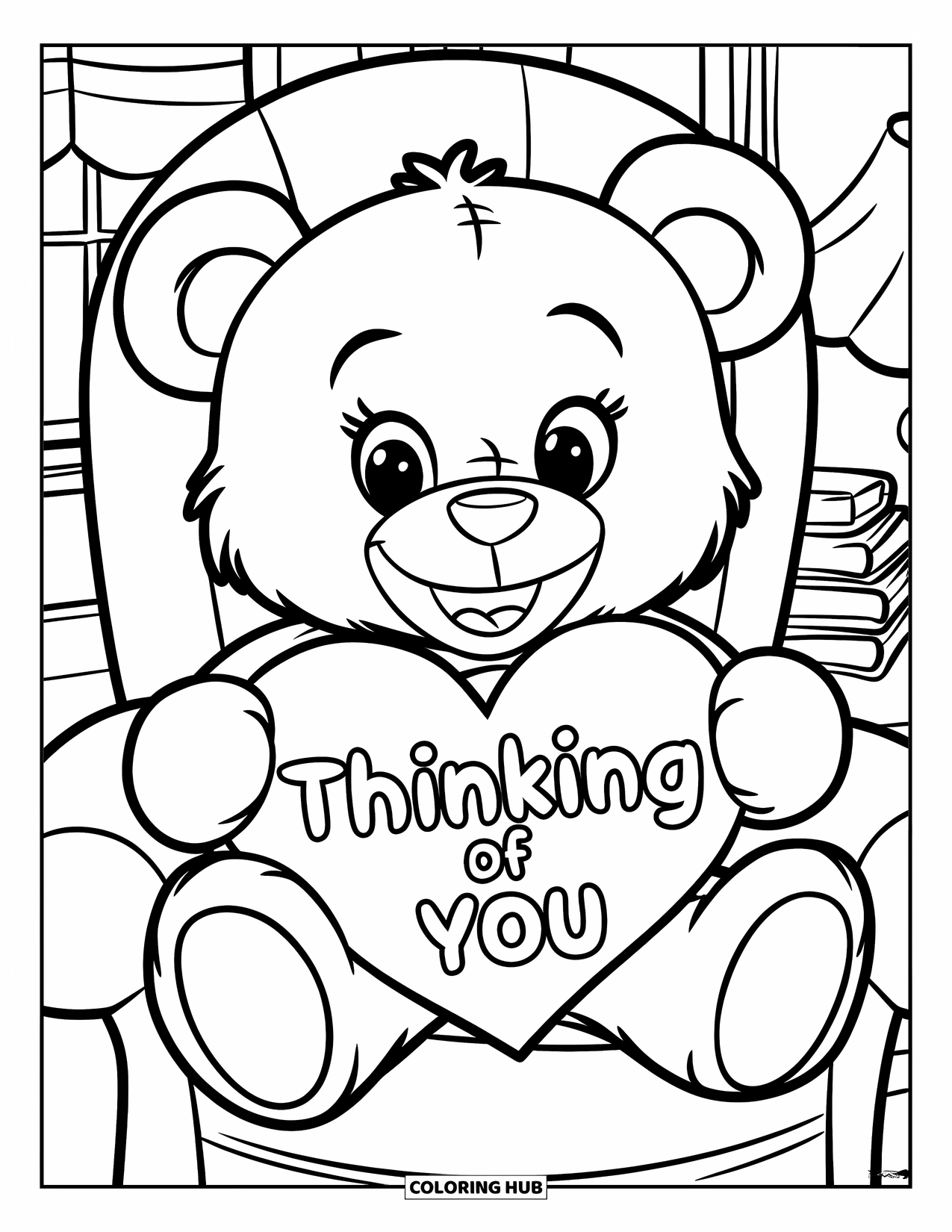 Thinking Of You Coloring Page for Kids: A smiling teddy bear holds a heart in a cozy room with a window