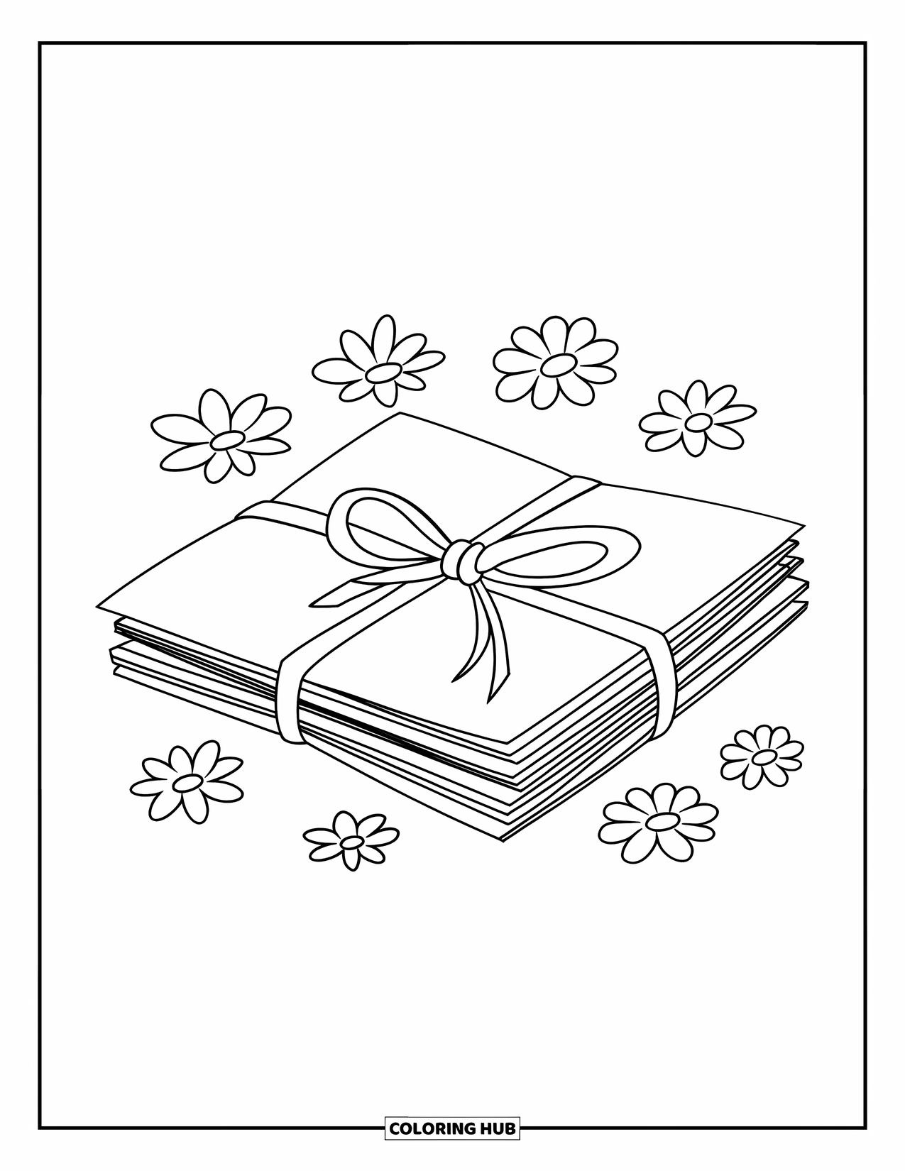 Thinking Of You Coloring Page for Kids: A stack of letters tied with a ribbon surrounded by delicate flowers