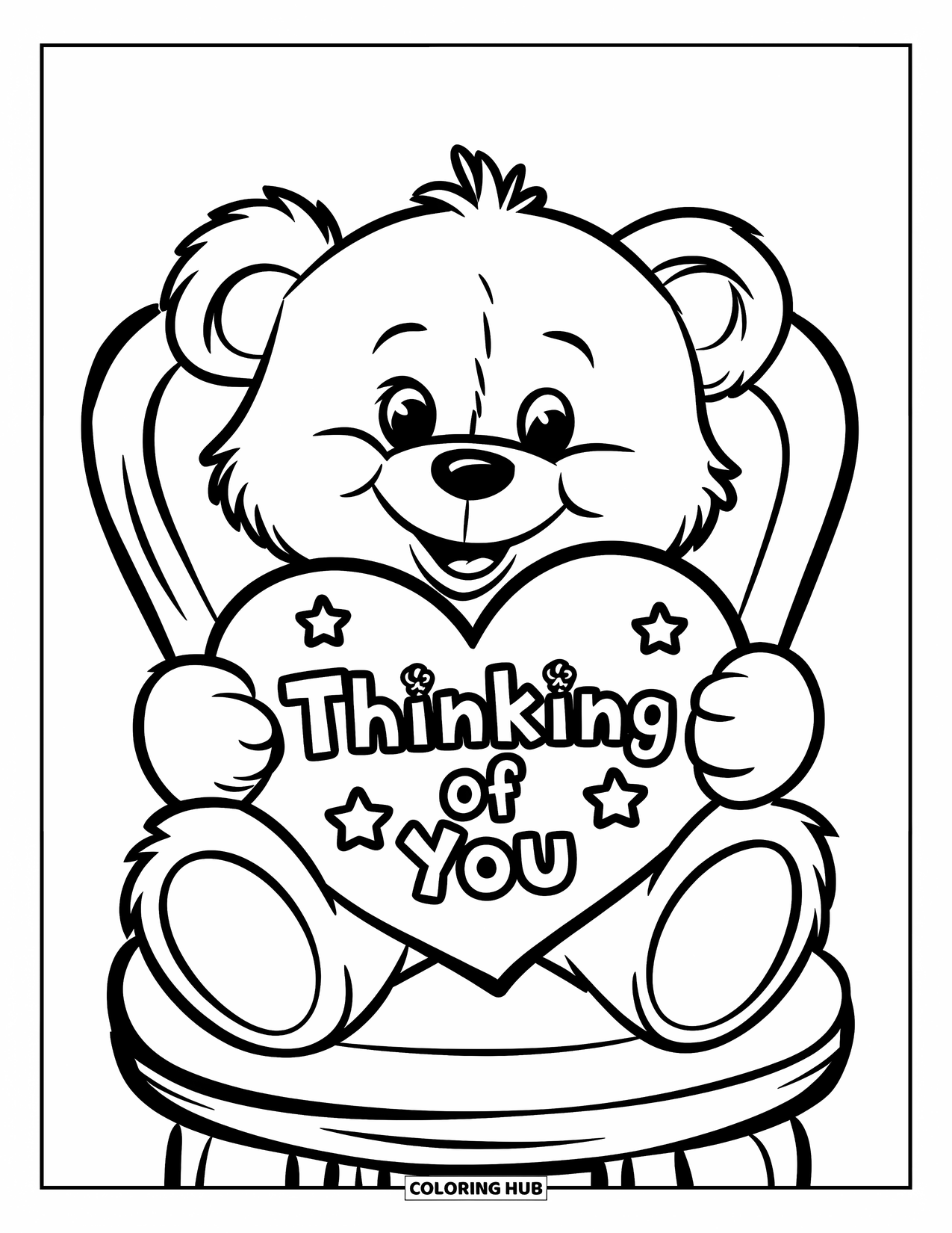 Thinking Of You Coloring Page for Kids: A teddy bear with stars holds a heart marked "Thinking of You"