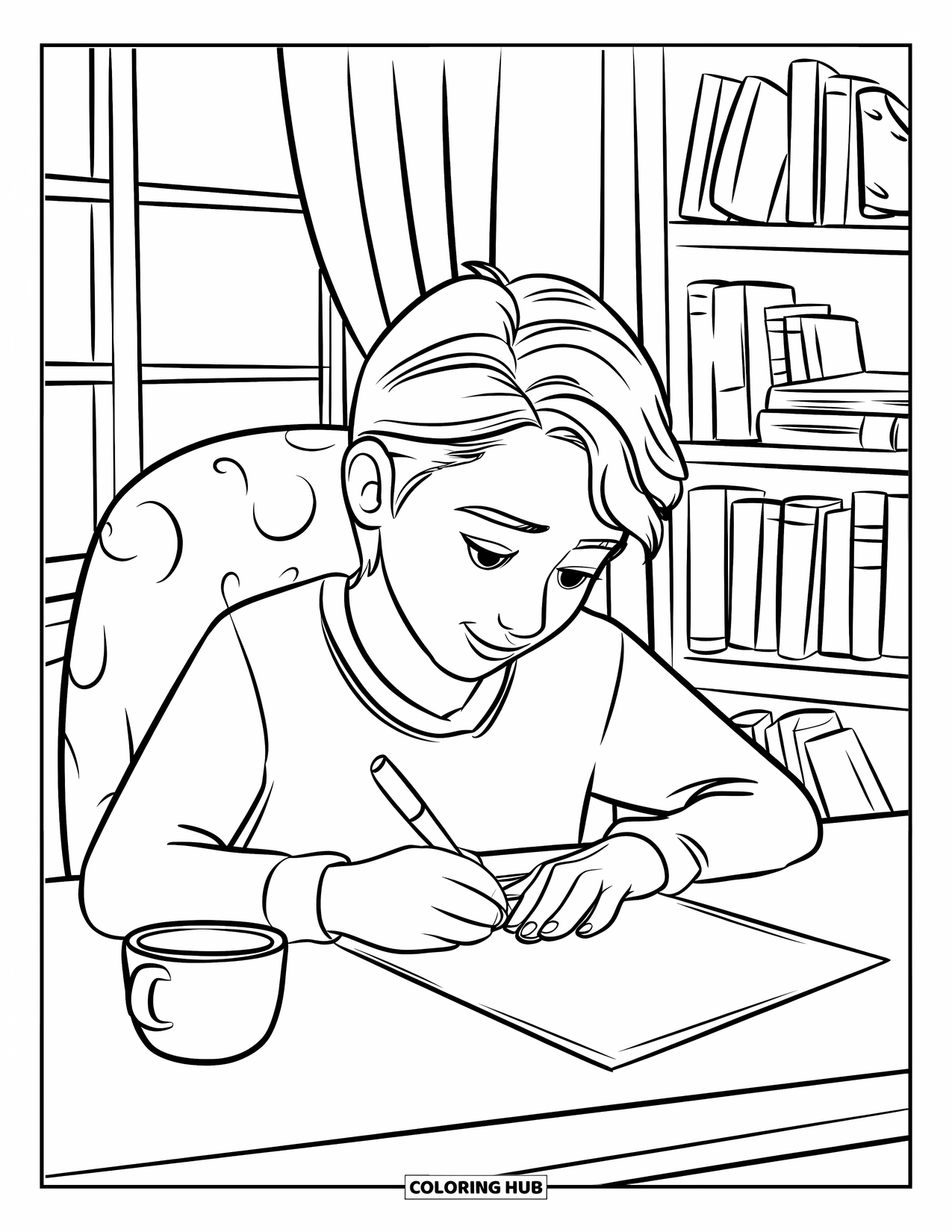 Thinking Of You Coloring Page for Kids: A teen writes a "Thinking of You" message beside a cup near a window