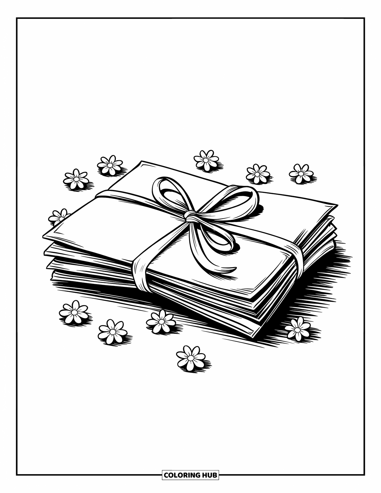 Thinking Of You Coloring Page for Kids: A vintage stack of ribbon-tied letters surrounded by tiny flowers