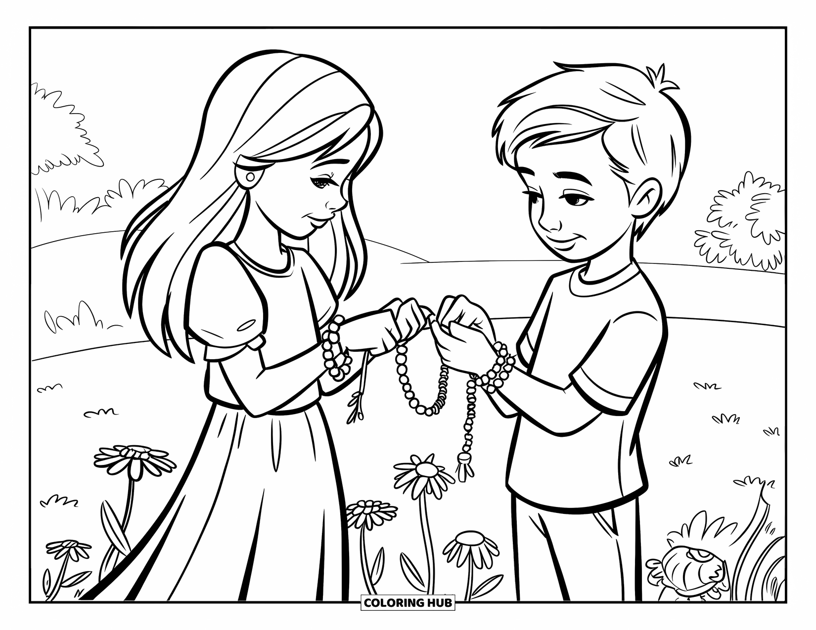 Thinking Of You Coloring Page for Kids: Two friends exchange bracelets in a field surrounded by flowers