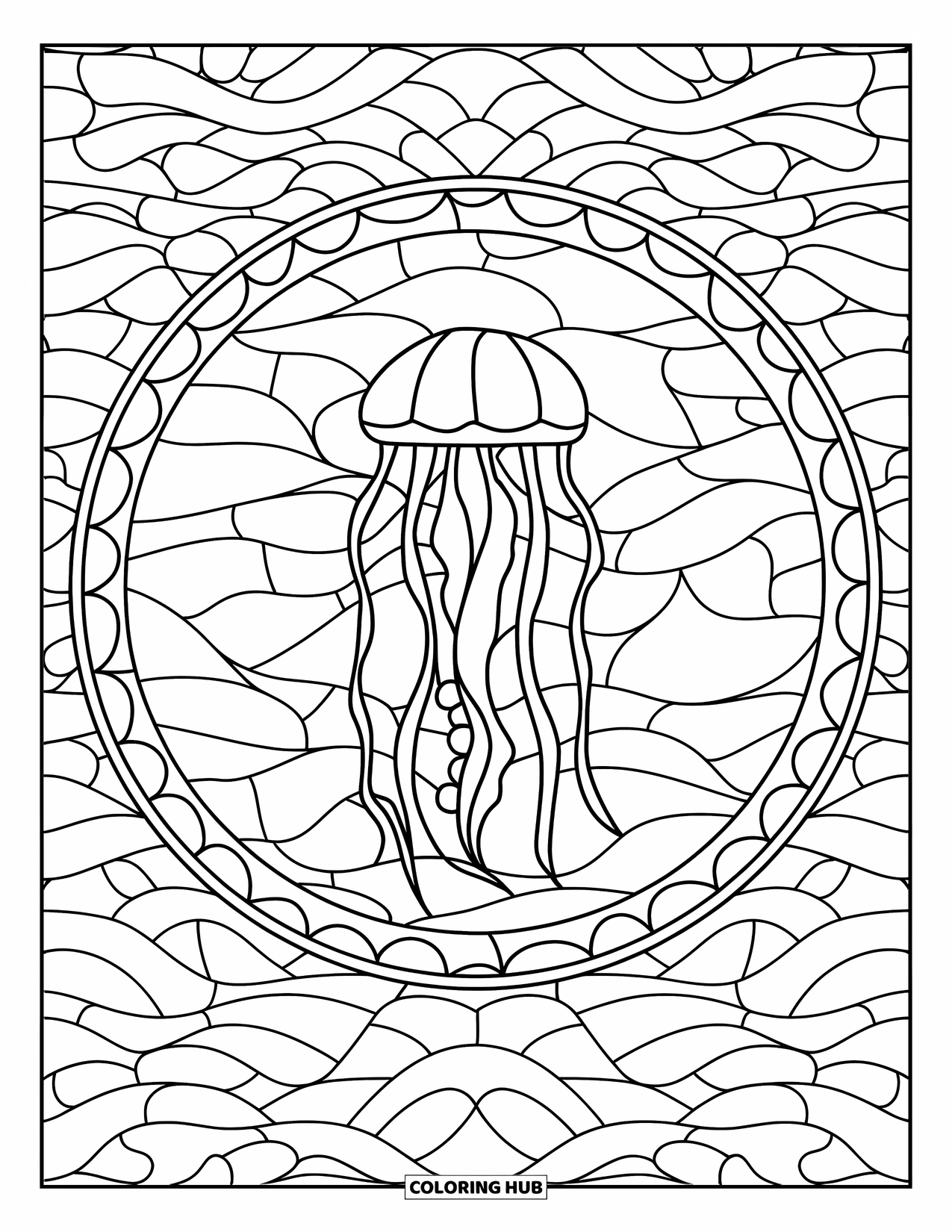 Underwater Coloring Page for Adults: A jellyfish drifts in a circular frame of ocean waves