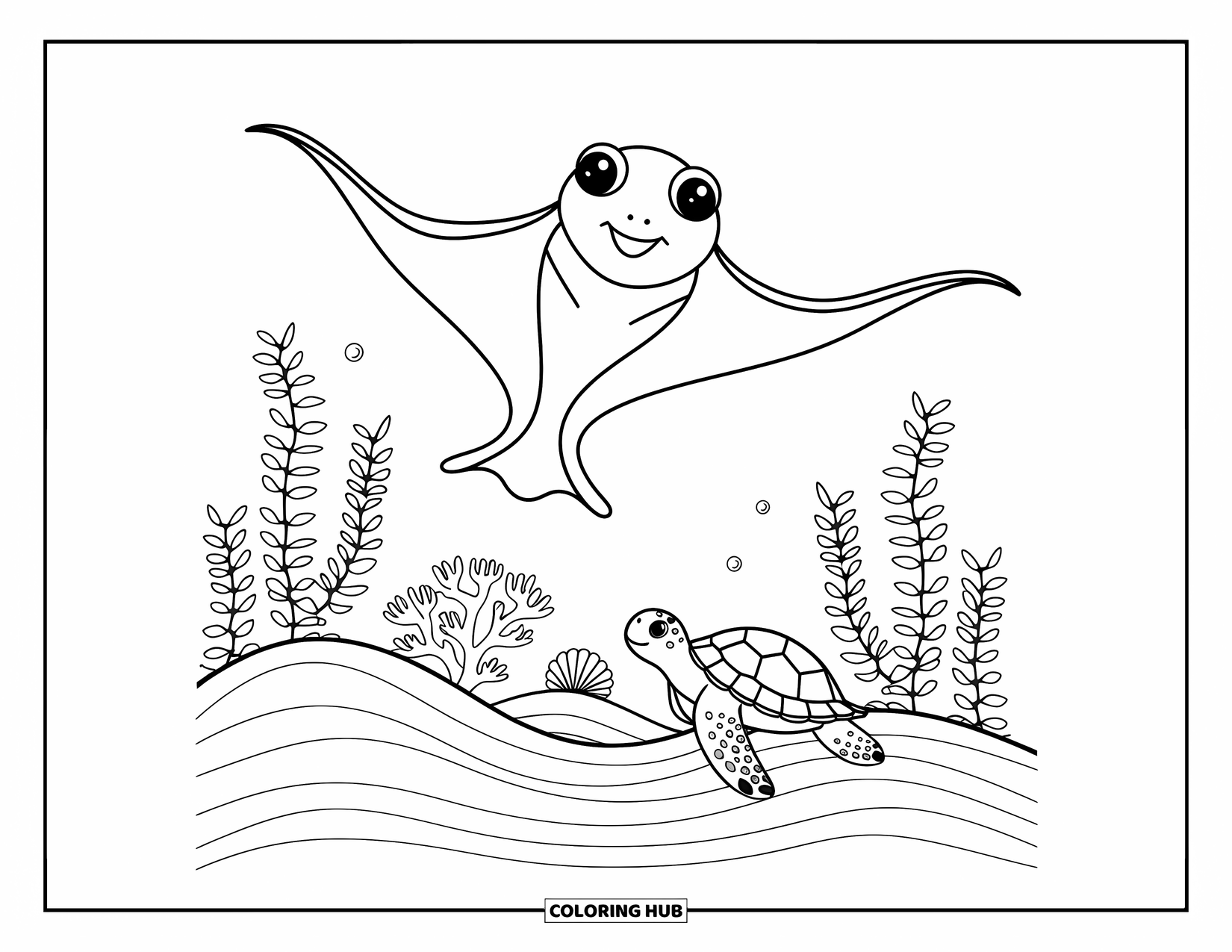 Underwater Coloring Page for Adults: A manta ray glides gracefully above a calm sea turtle over soft sand and coral