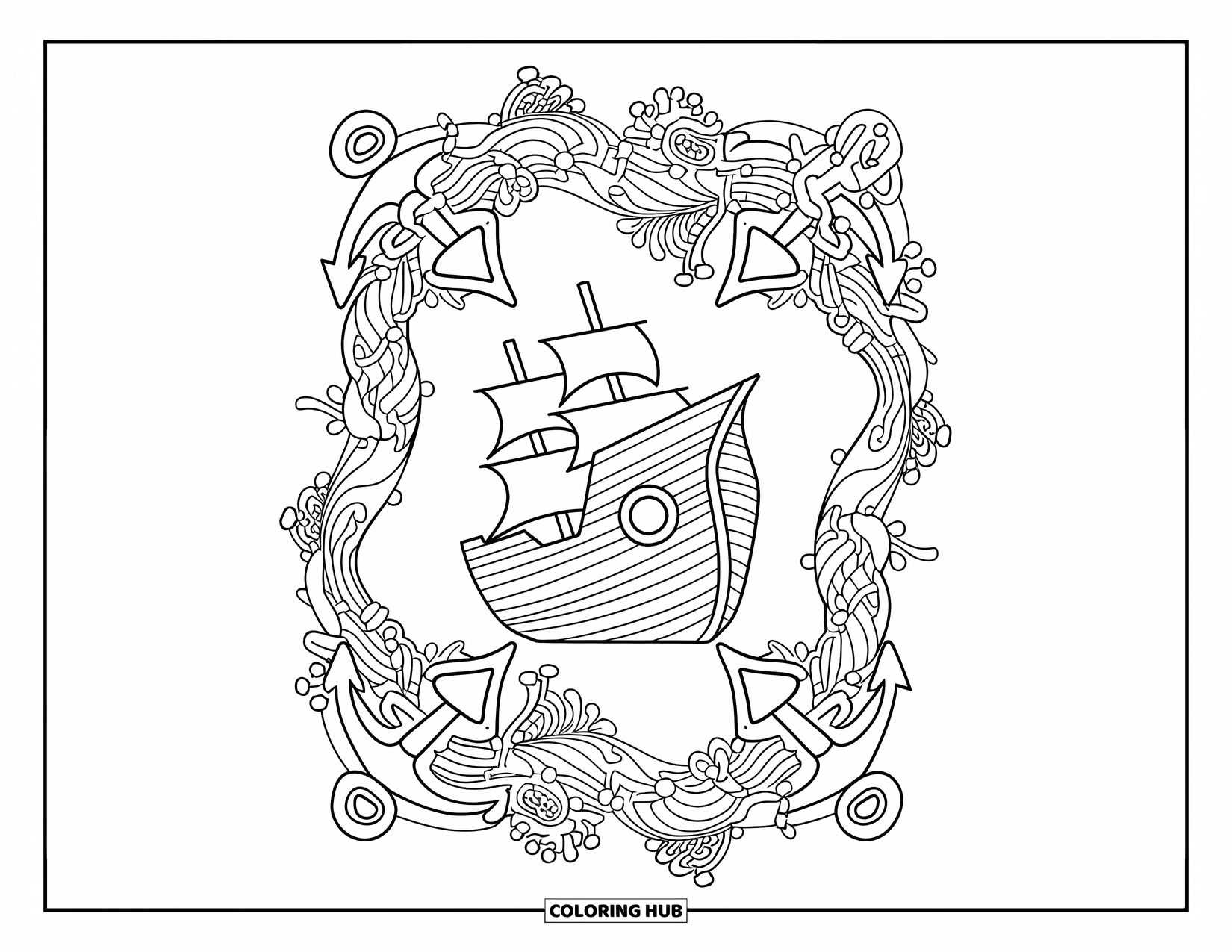 Underwater Coloring Page for Adults: A pirate shipwreck lies beneath swirling anchors and algae mandalas