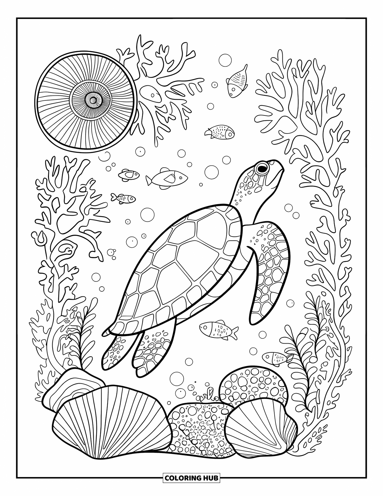 Underwater Coloring Page for Adults: A sea turtle drifts through coral, shells, and gentle light