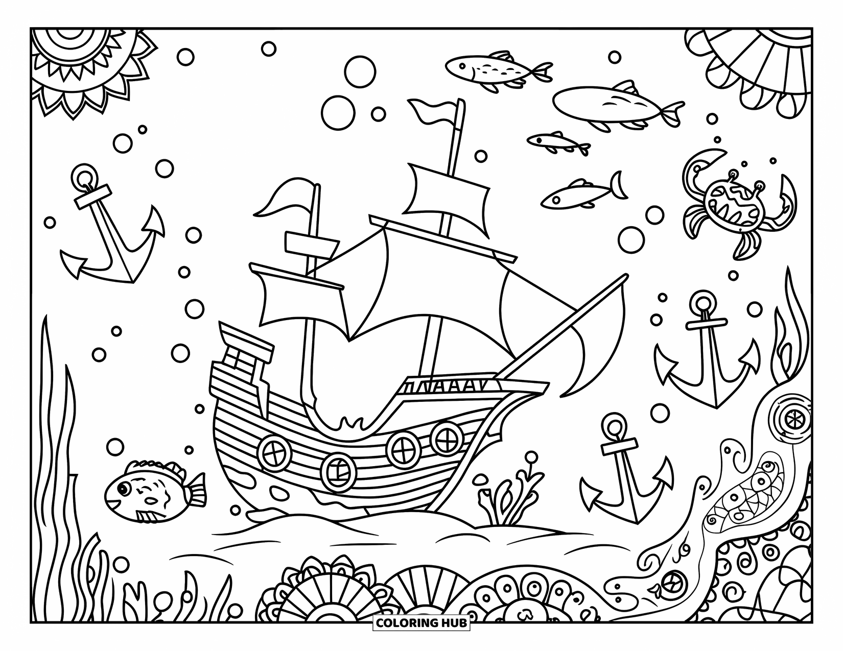 Underwater Coloring Page for Adults: A shipwreck surrounded by anchors, coral, and sea creatures
