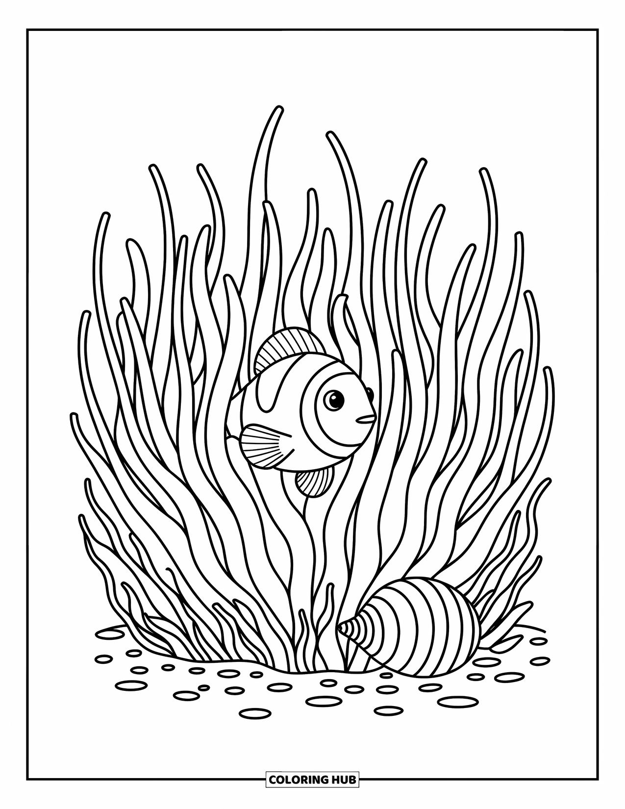 Underwater Coloring Page for Adults: A small clownfish peeks out from its sea anemone home