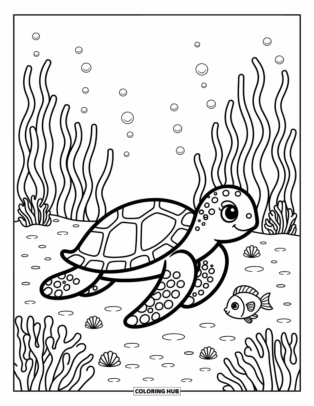 Underwater Coloring Page for Adults: A turtle drifts peacefully through seaweed with a little fish nearby