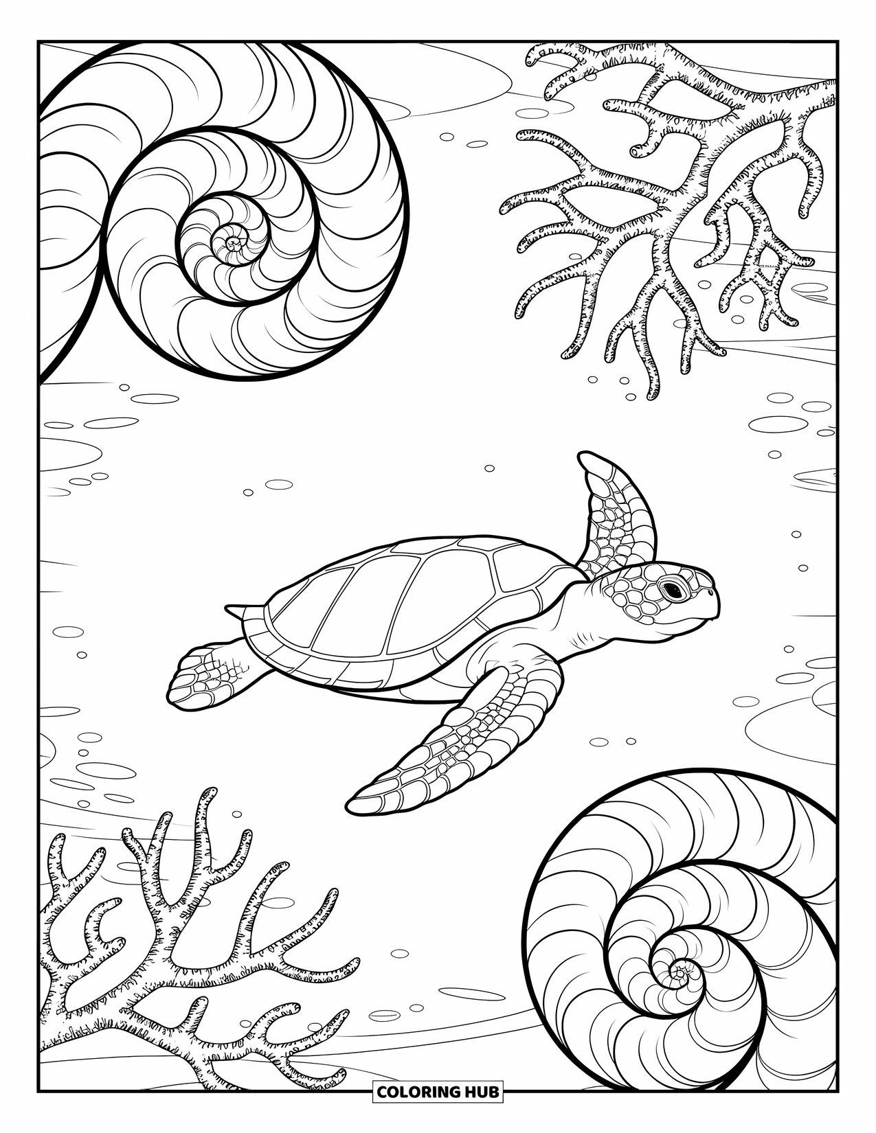 Underwater Coloring Page for Adults: A turtle swims among patterned shells and branching coral