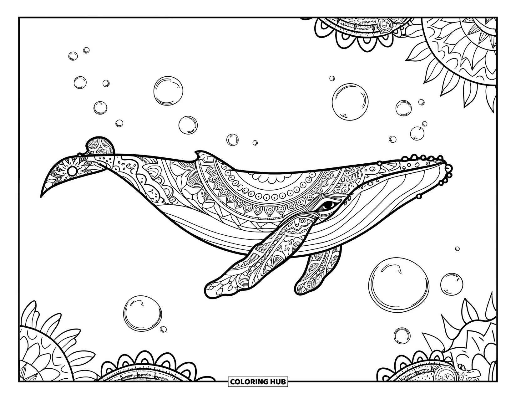 Underwater Coloring Page for Adults: A whale with mandala designs swims among coral and bubbles