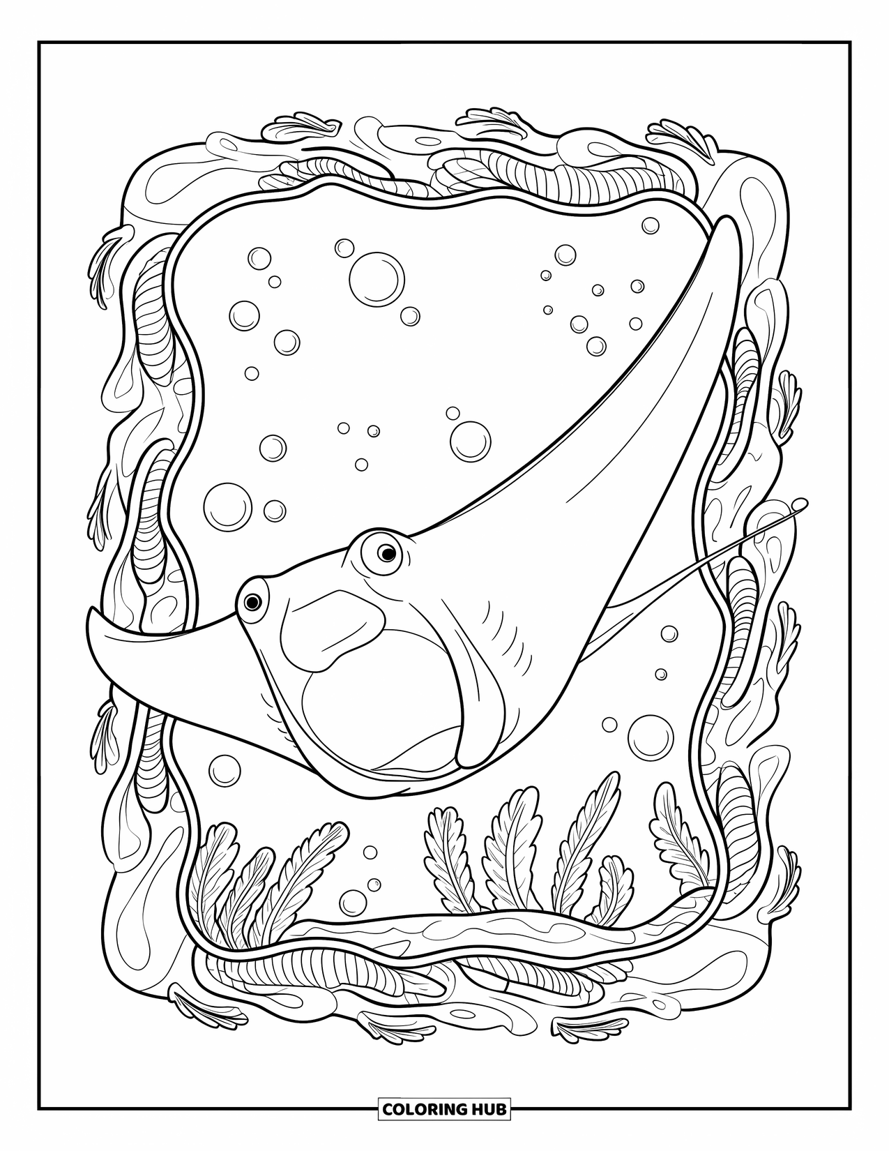 Underwater Coloring Page for Adults: A wide manta ray drifts near kelp and rising sea bubbles