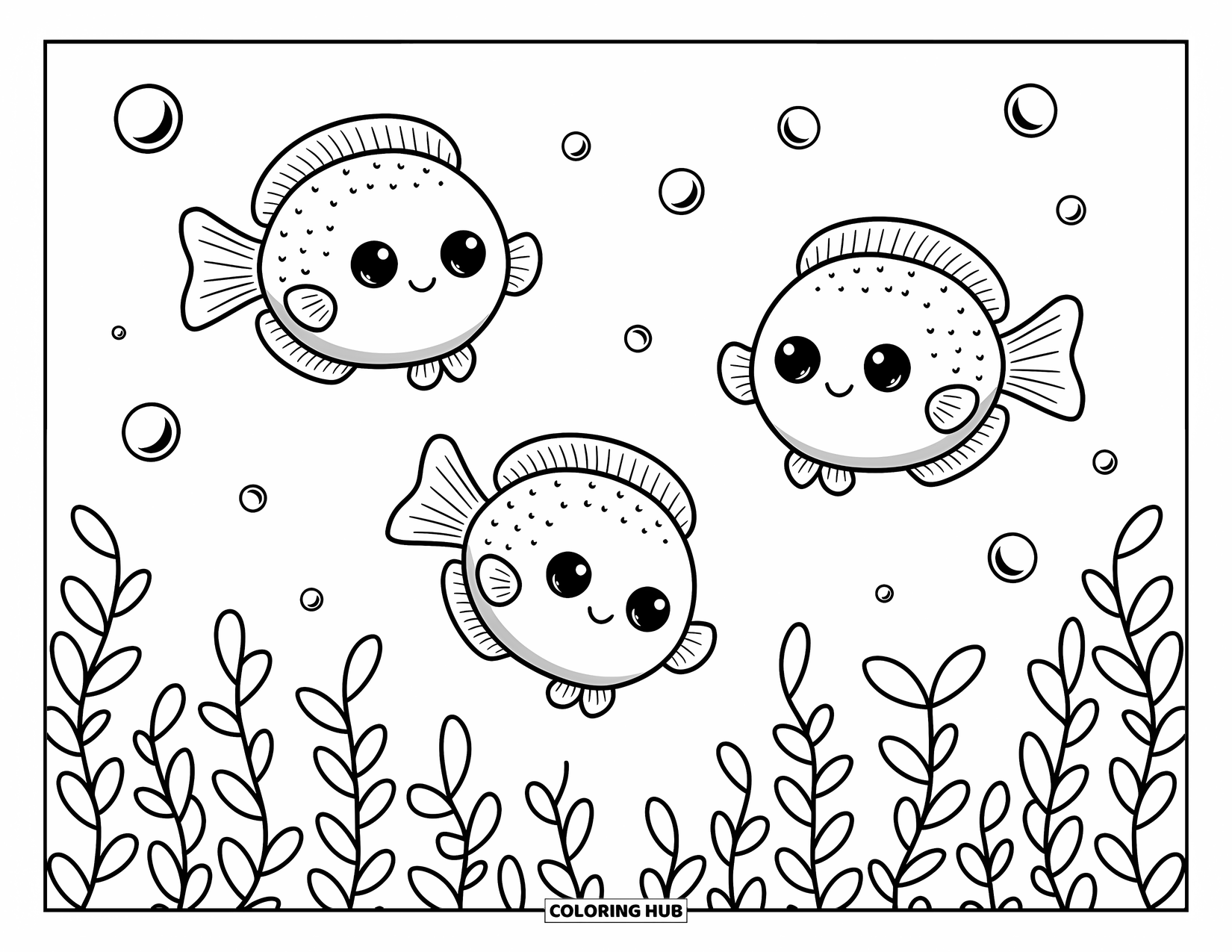 Underwater Coloring Page for Adults: Three pufferfish drift peacefully surrounded by bubbles and sea grass
