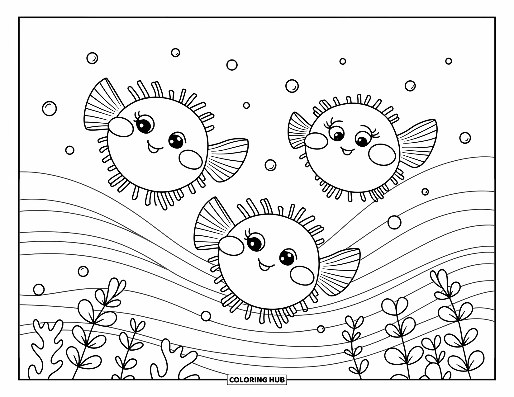 Underwater Coloring Page for Adults: Three round pufferfish glide above soft sea plants and playful bubbles