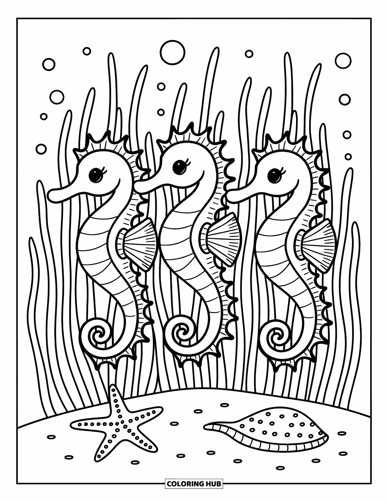 Underwater Coloring Page for Adults: Three seahorses sway near kelp while bubbles rise through the water