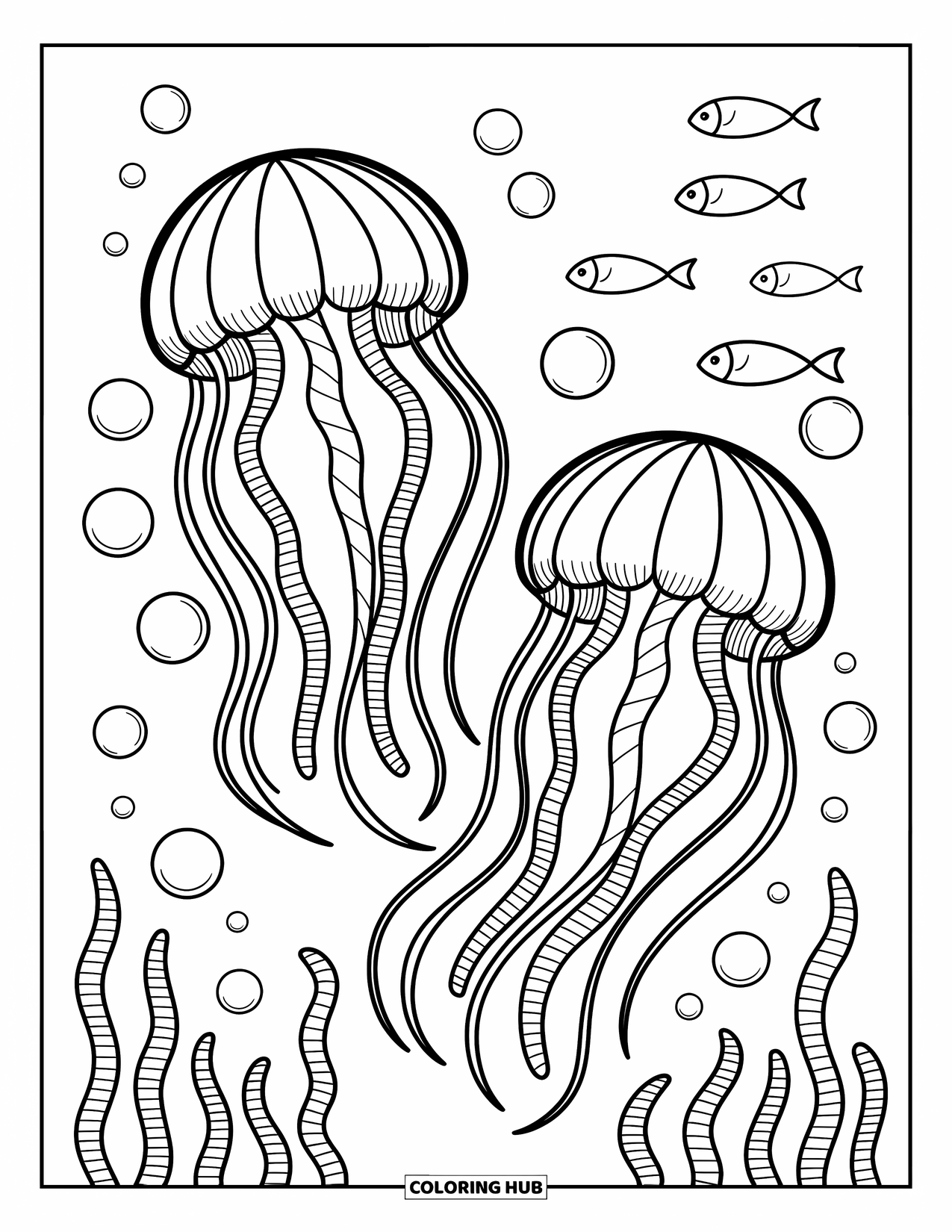 Underwater Coloring Page for Adults: Two jellyfish float gracefully surrounded by bubbles and soft light