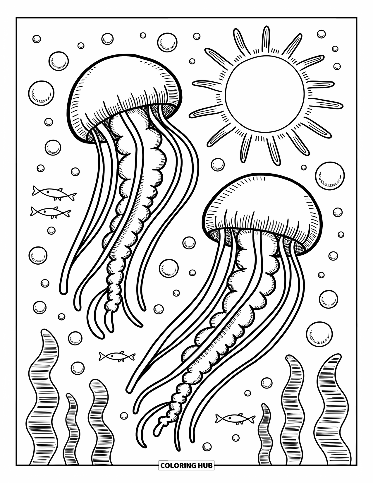 Underwater Coloring Page for Adults: Two jellyfish move gently beneath sunlight and floating bubbles