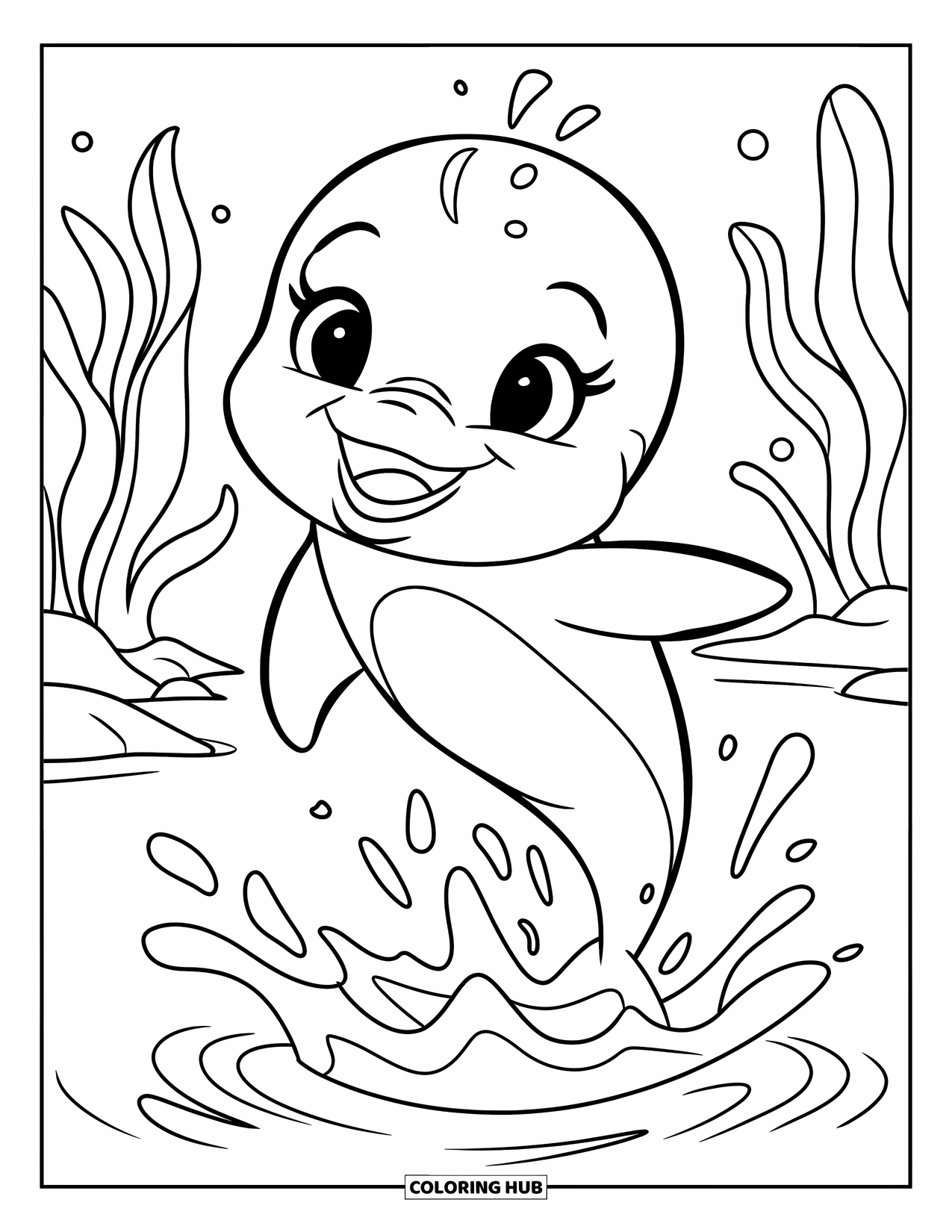 Underwater Coloring Page for Kids: A baby dolphin jumps joyfully out of the water