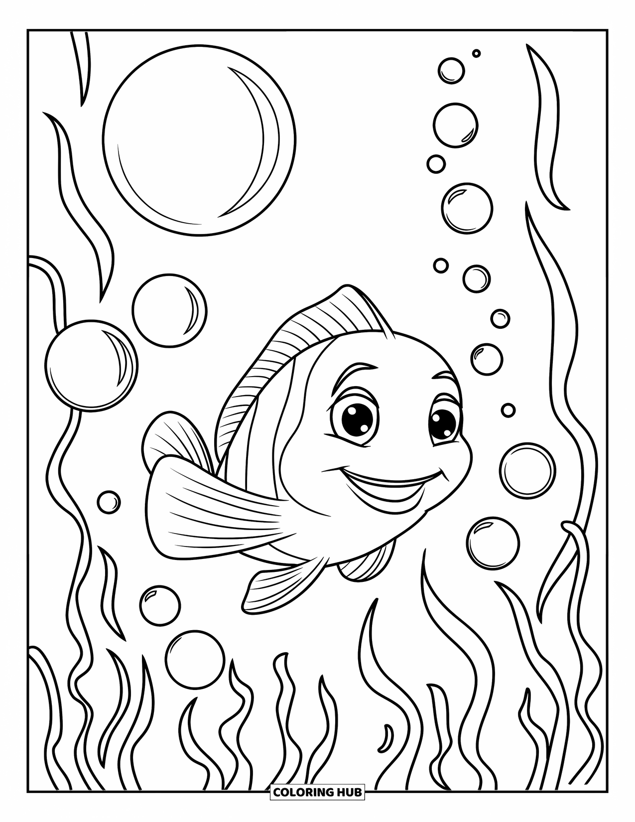 Underwater Coloring Page for Kids: A cheerful fish swims among seaweed and bubbles