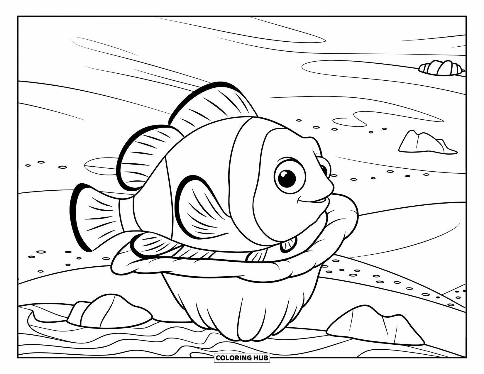 Underwater Coloring Page for Kids: A clownfish hides among anemone tentacles underwater