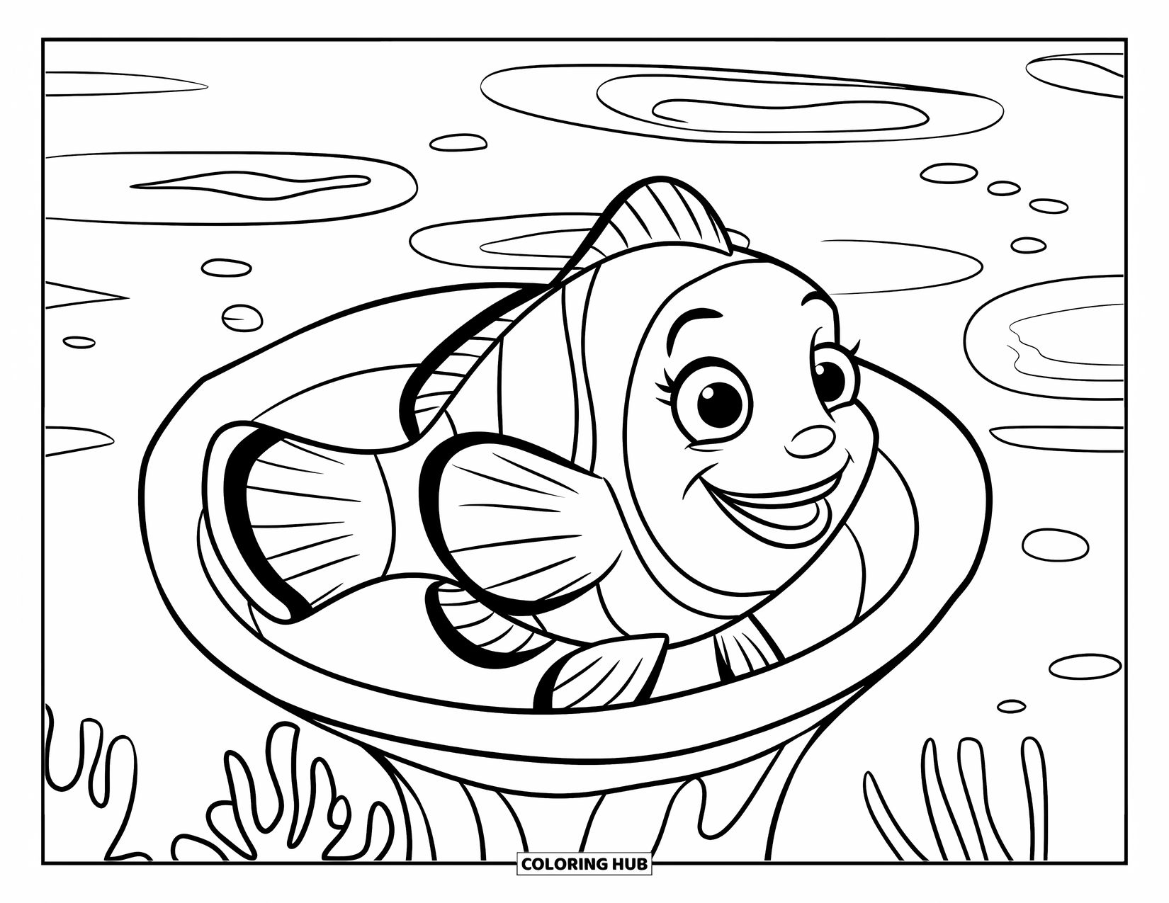 Underwater Coloring Page for Kids: A clownfish swims near its sea anemone home