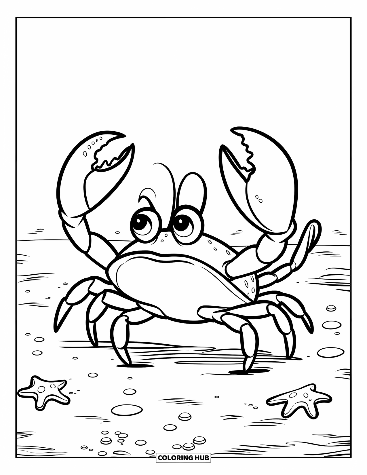 Underwater Coloring Page for Kids: A crab raises its claws while walking through shells and rocks