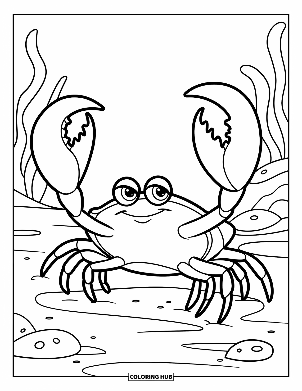Underwater Coloring Page for Kids: A crab strolls across the ocean floor surrounded by shells