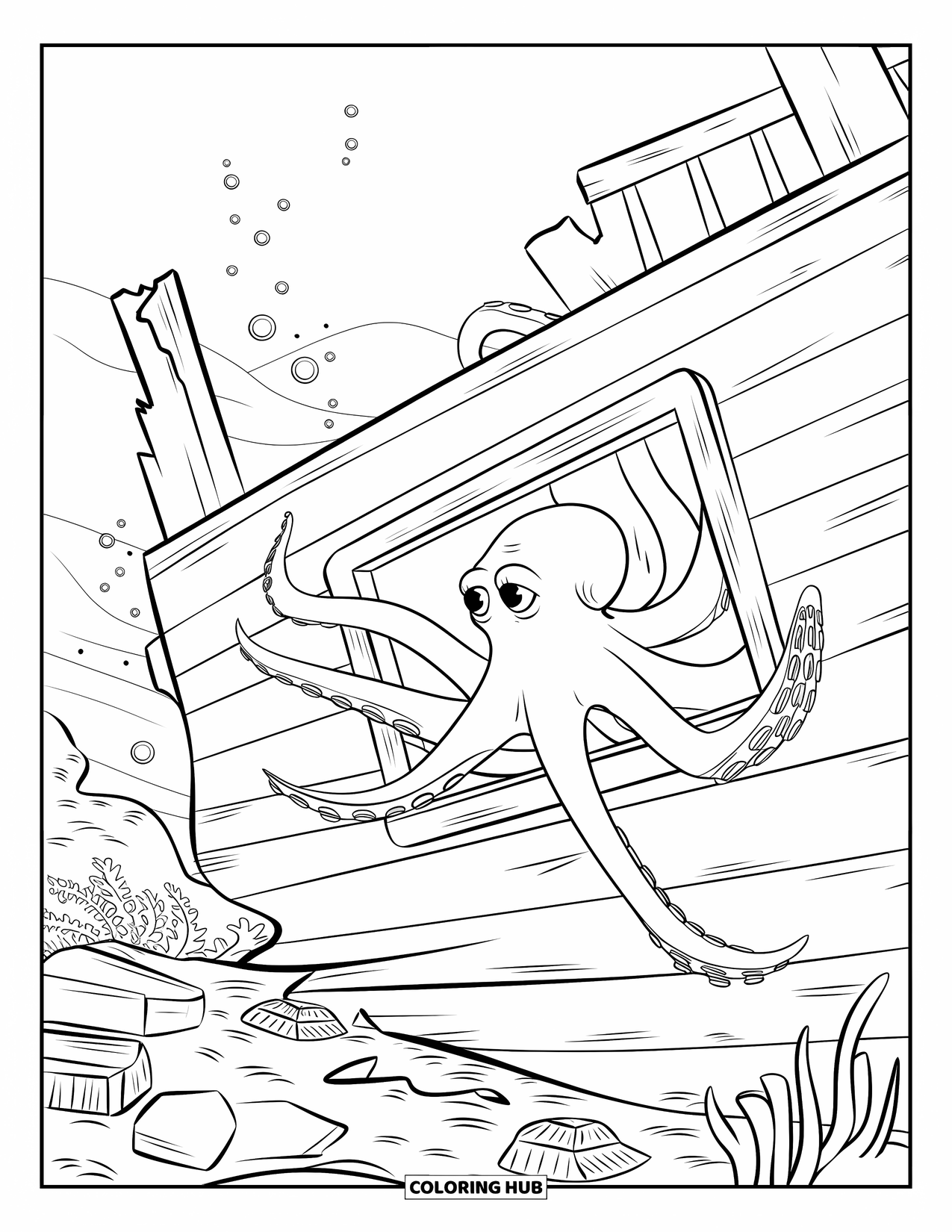 Underwater Coloring Page for Kids: A curious octopus explores a shipwreck underwater