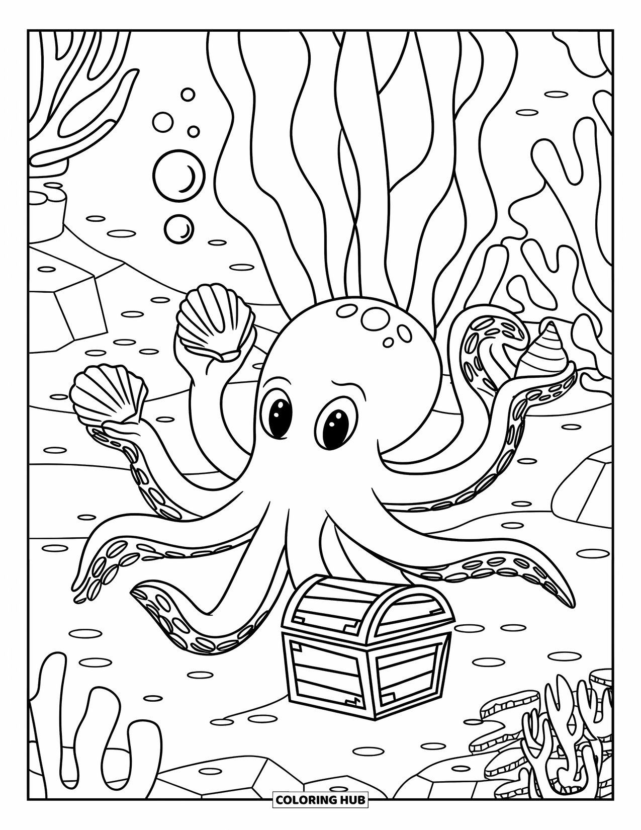 Underwater Coloring Page for Kids: A curious octopus sits near a chest and coral reef