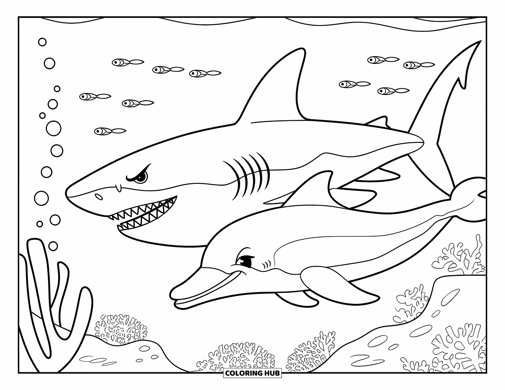 Underwater Coloring Page for Kids: A friendly dolphin and fierce shark cross paths in the ocean