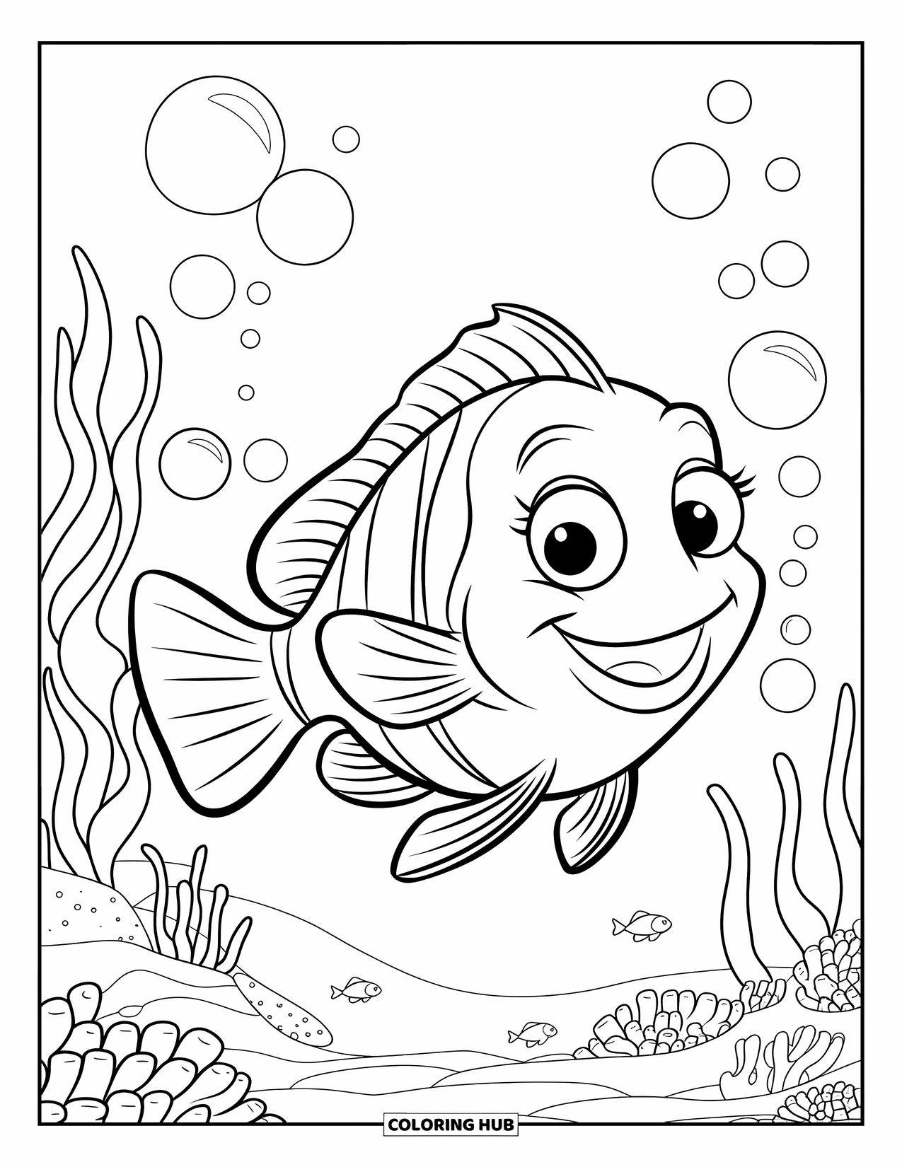 Underwater Coloring Page for Kids: A happy fish glides underwater surrounded by bubbles