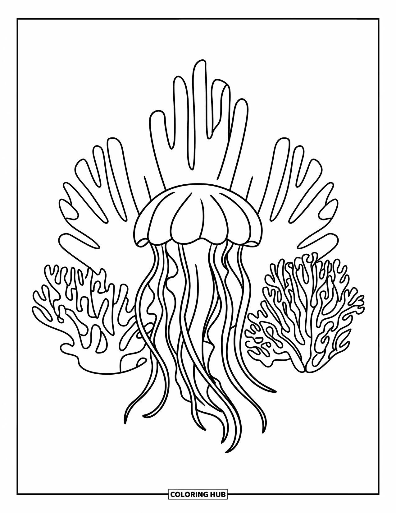 Underwater Coloring Page for Kids: A jellyfish drifts near neon coral under calm ocean waves