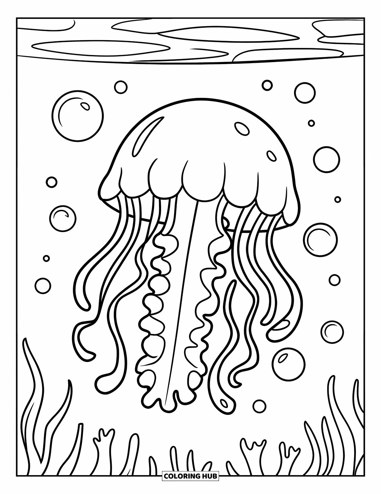 Underwater Coloring Page for Kids: A jellyfish with long tentacles floats under calm blue water