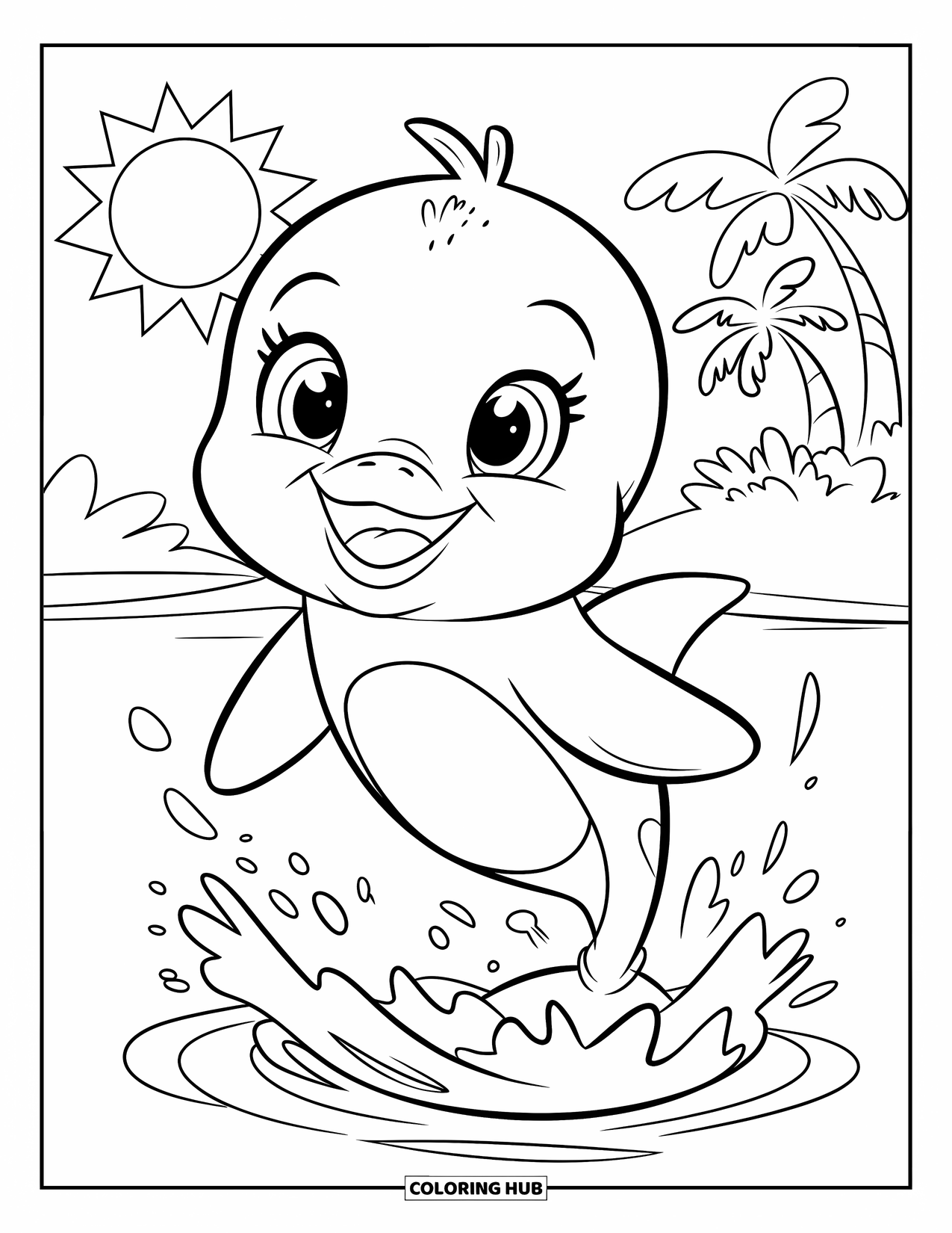 Underwater Coloring Page for Kids: A playful dolphin leaps above waves and bubbles